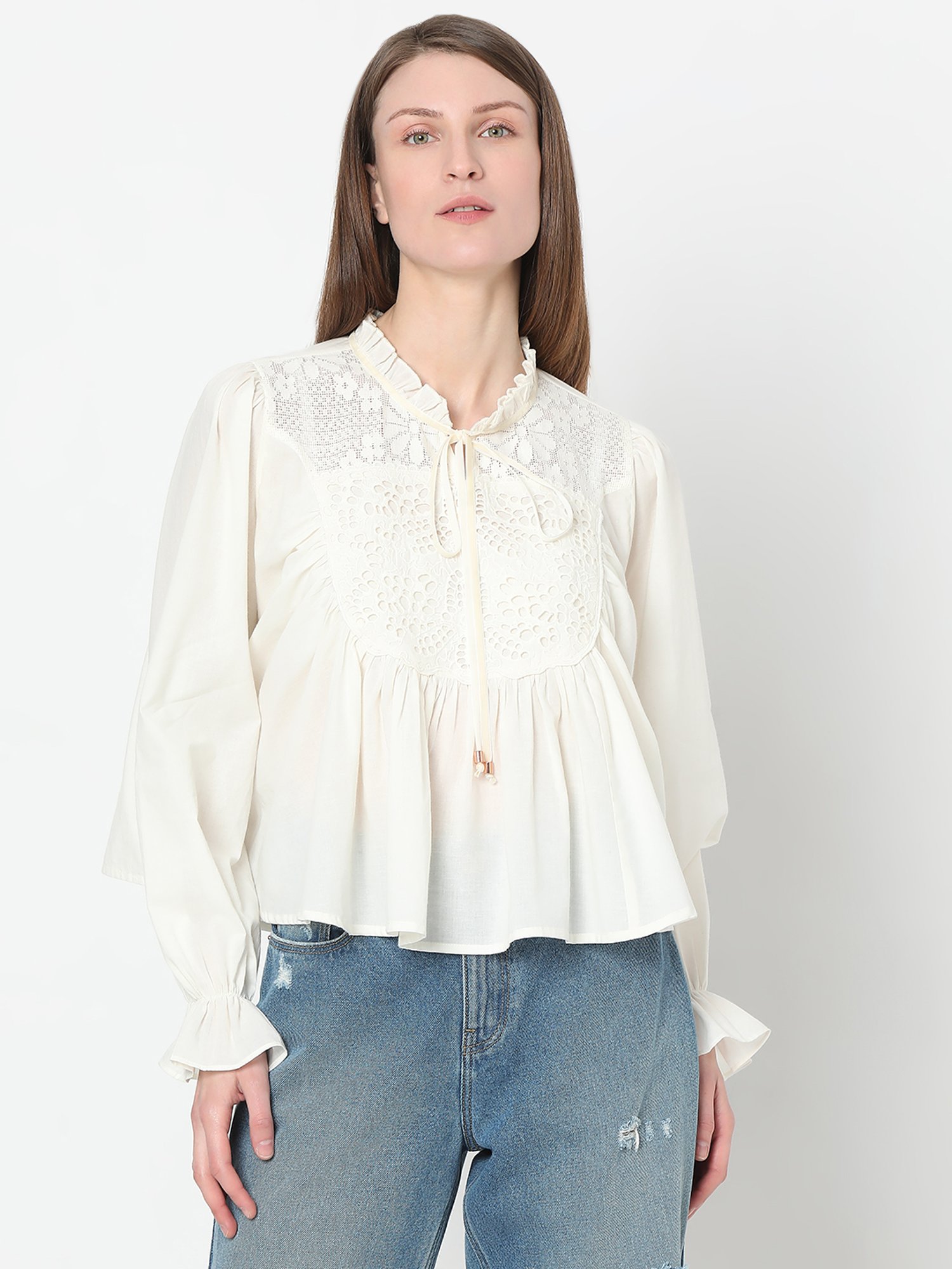 Vero Moda Off White Cotton Self Design Top