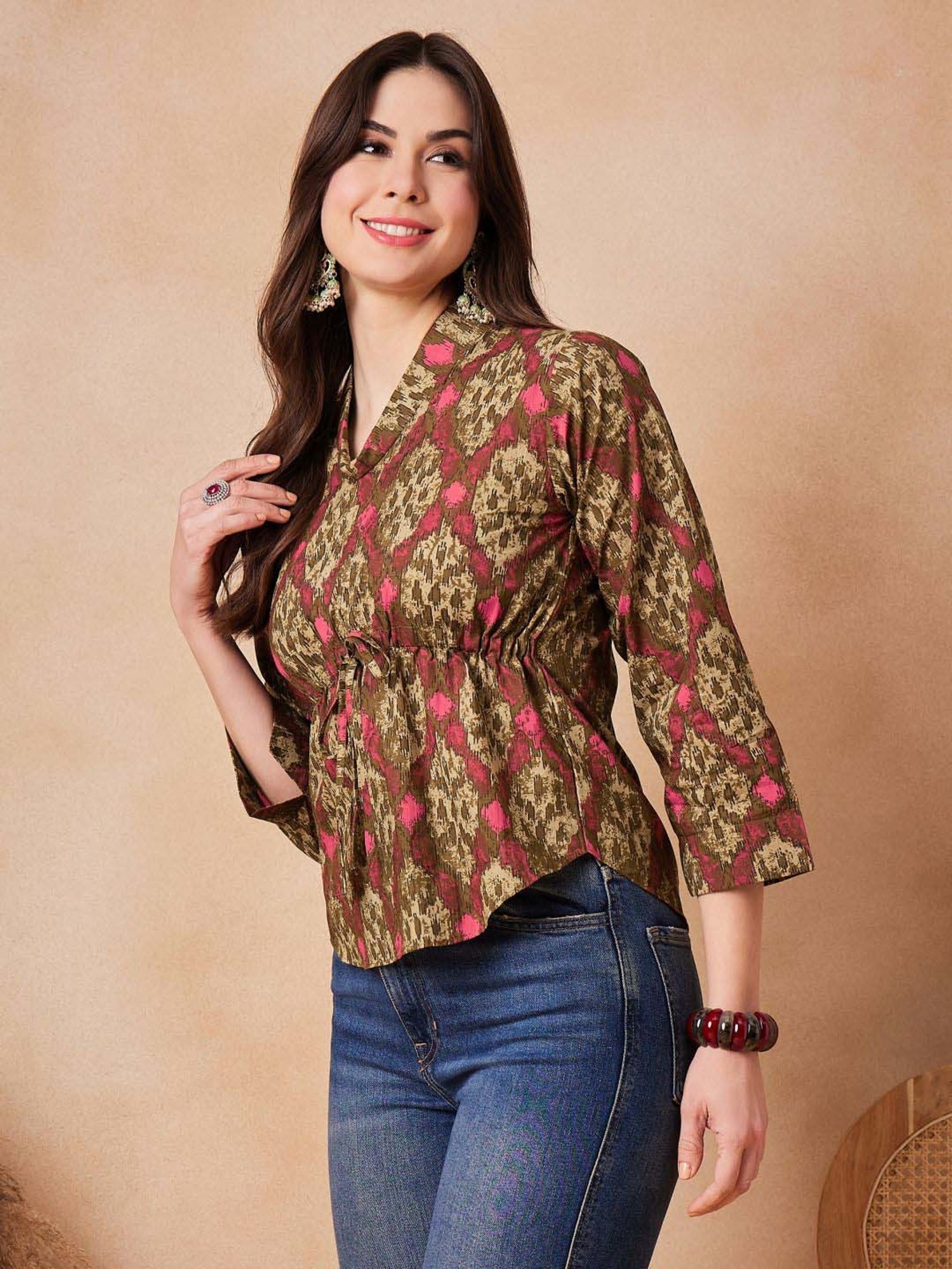 Inweave Olive Green & Pink Cotton Printed Top