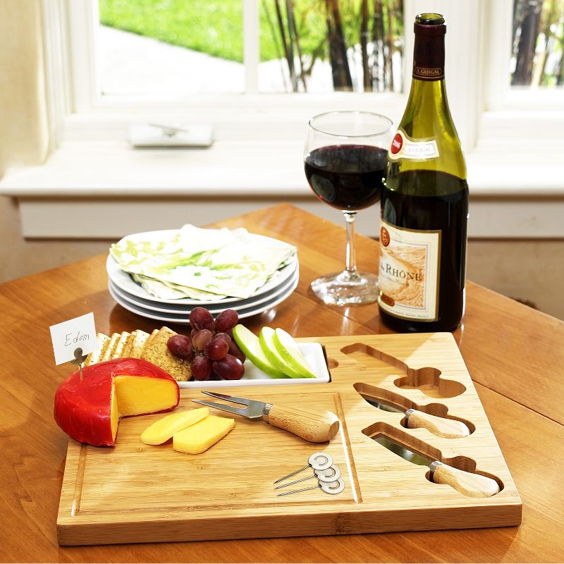 Picnic at Ascot Bamboo Cheese Board/Charcuterie Plate with 3 Stainless Steel Cheese Tools, Ceramic Dish, and Markers - Great Holiday Gift for Gourmets