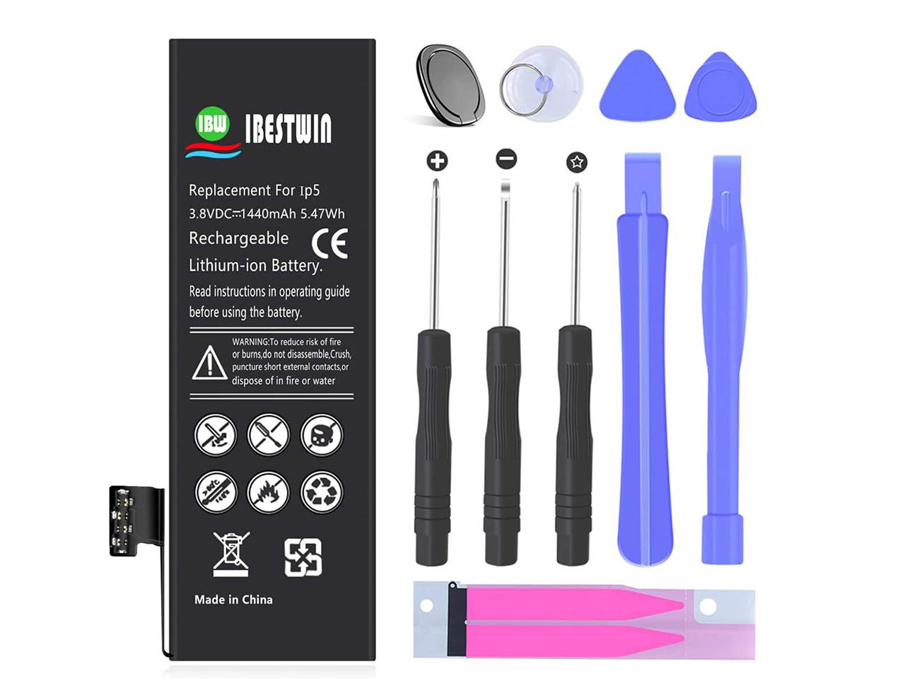 IBESTWIN 3.8V 1440mAh Replacement Battery for iPhone 5 A1428, A1429 and A1442 with Replacement Tool Kits, Adhesive Strip and Instruction(Not for iPhone 5S or 5C)-3 Years Warranty