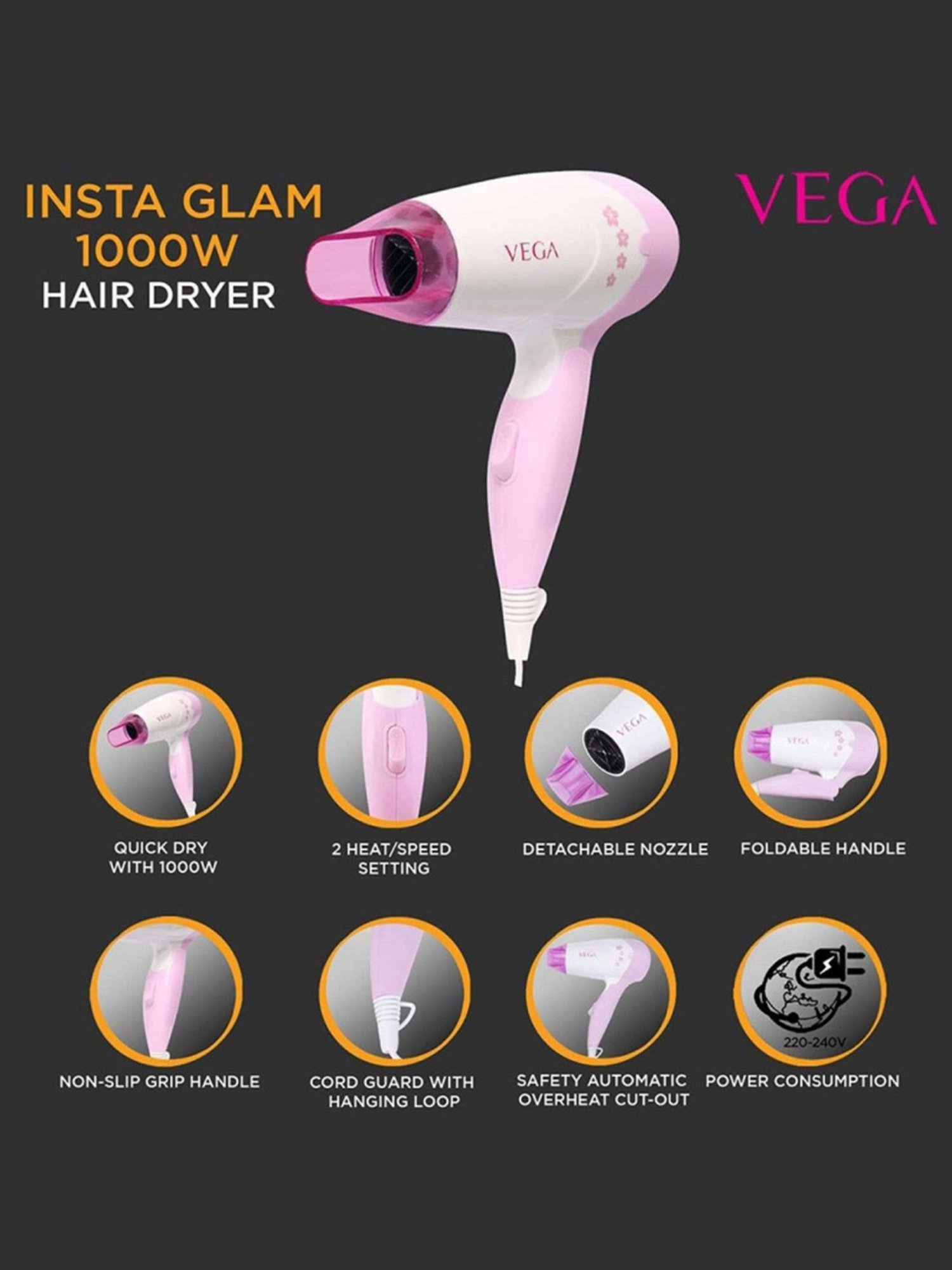 Vega Smooth Curl VHCH-03 Hair Curler & Insta Glam VHDH-20 Hair Dryer Combo (Multicolor)