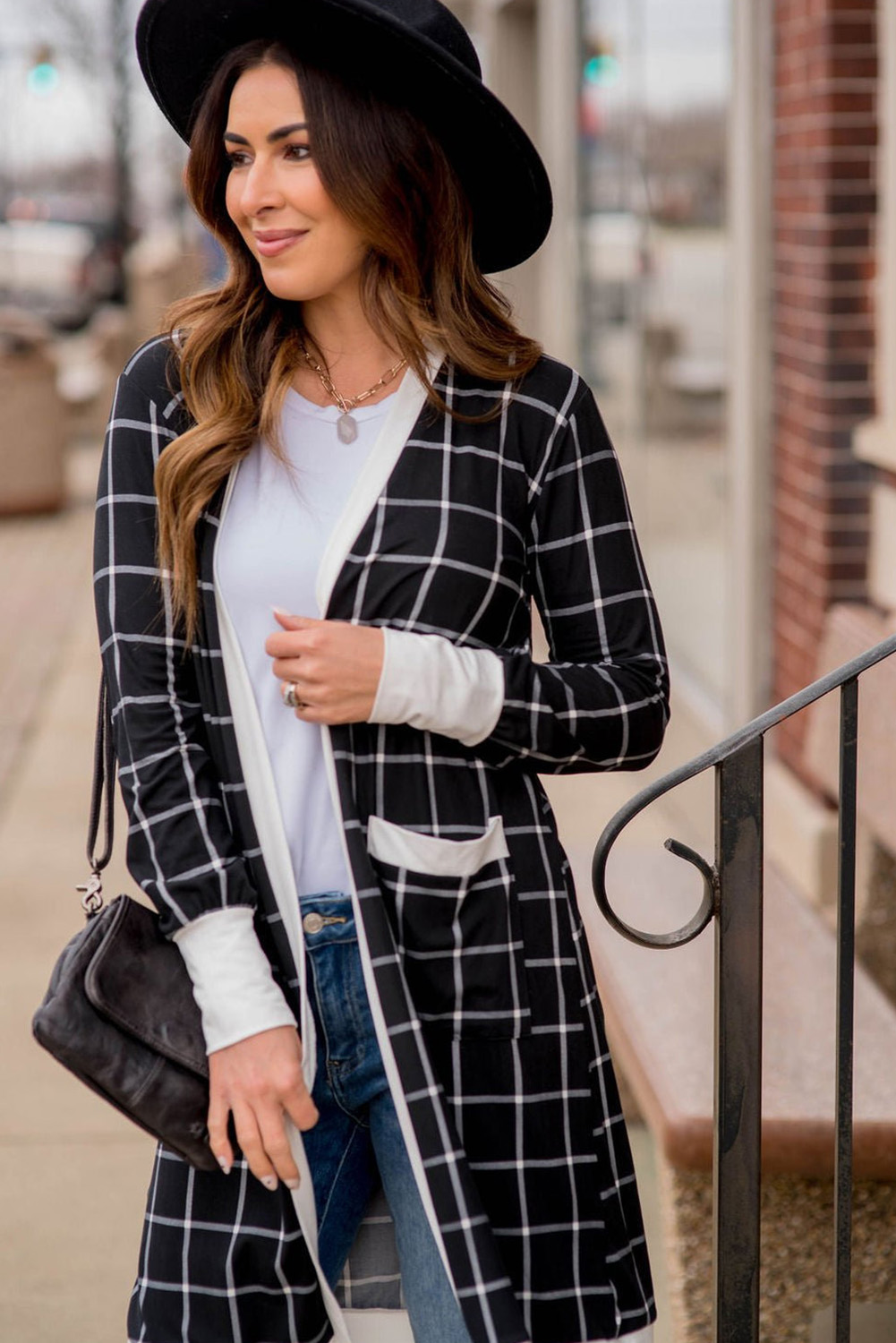 Black Plaid Casual Contrast Trim Knit Cardigan
