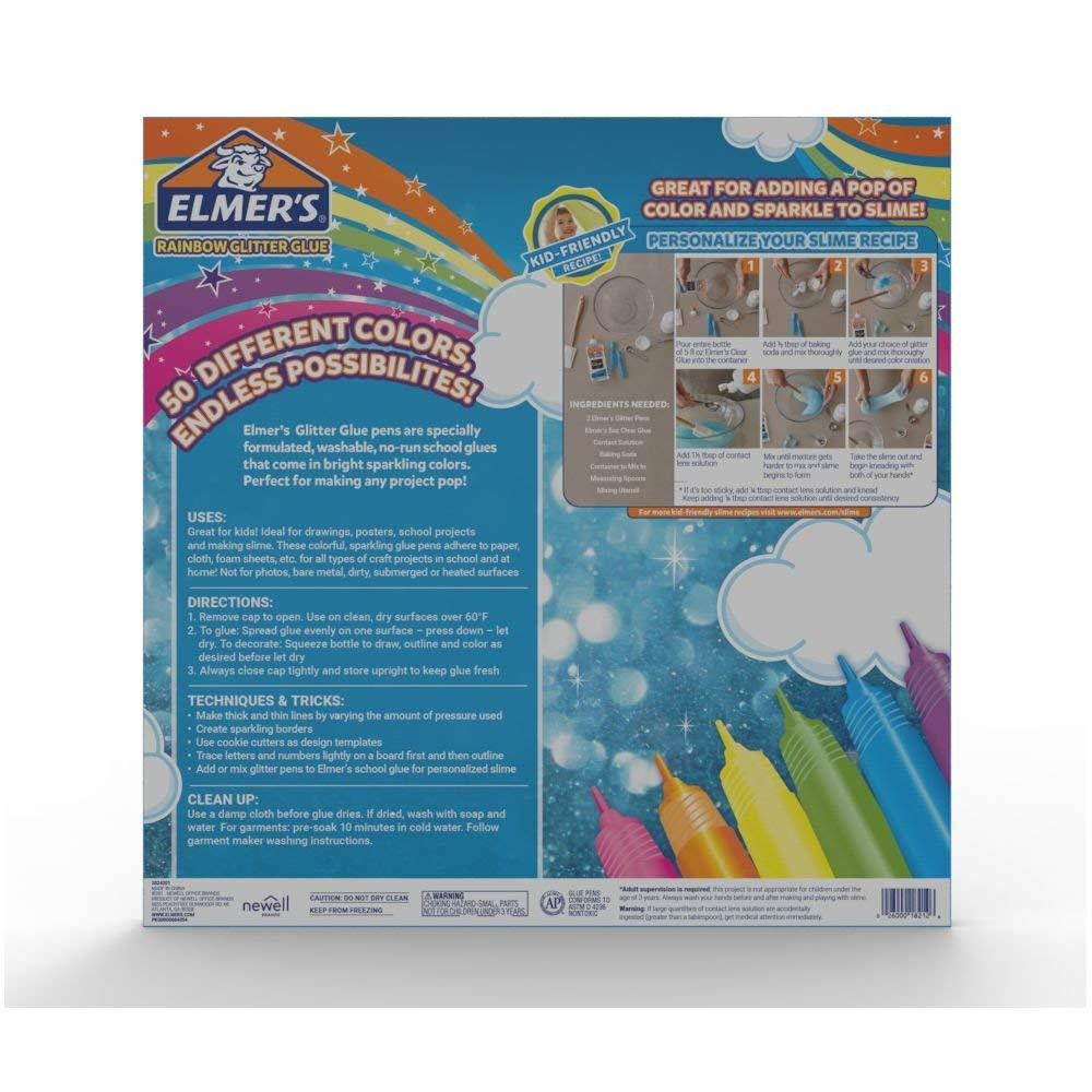 Elmer&rsquo;s Rainbow Glitter Glue Pen Set, Assorted Colors, 0.356 Ounces Each, 50 Count - Great For Making Slime