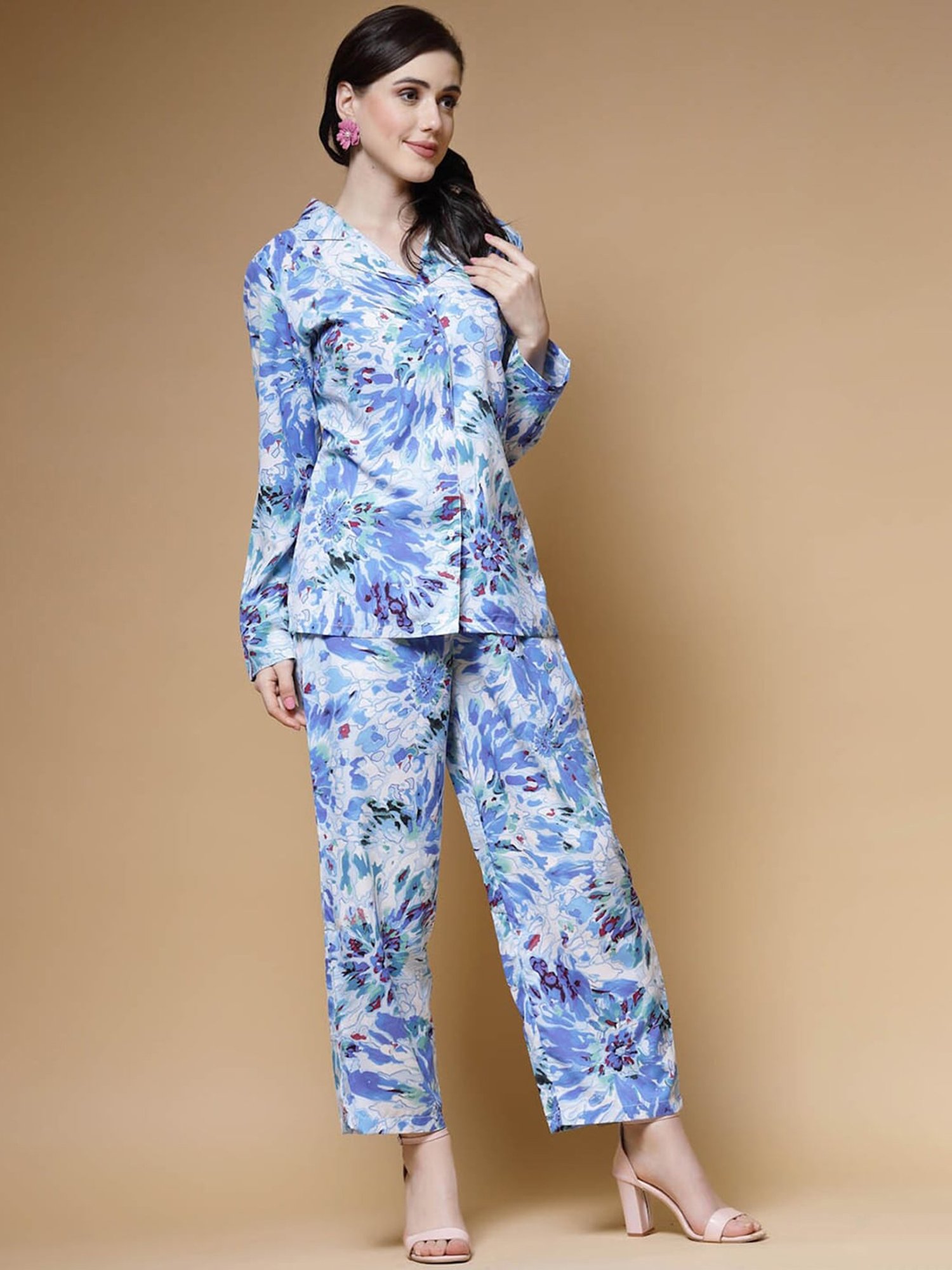Melon by PlusS Blue Printed Shirt Pant Set