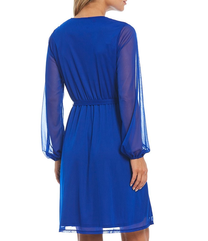 Marina Long Sleeve V-Neck Tie Front Chiffon Wrap Dress
