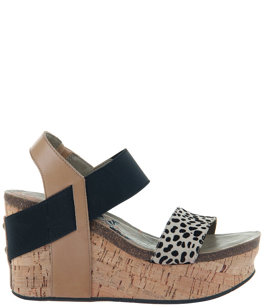 OTBT Bushnell Leather Leopard Print Platform Cork Wedge Sandals