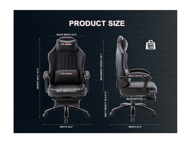 STARSPACE High Back 350lb Memory Foam Ergonomic Reclining Gaming Chair Metal Base - Adjustable Back Angle and Retractable Footrest Racing Executive Computer Desk Office Chair with Thick Padded Arms