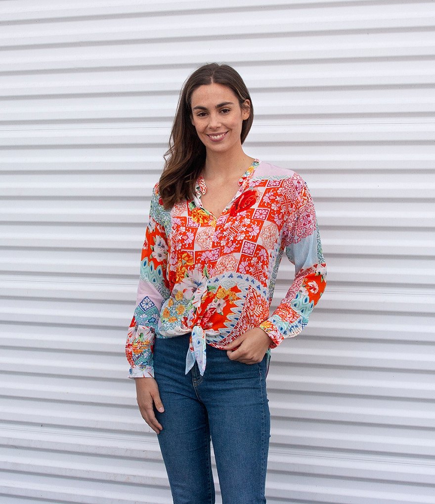 Karyn Seo Penni Patch Print Point Collar Long Sleeve Tie Front Shirt