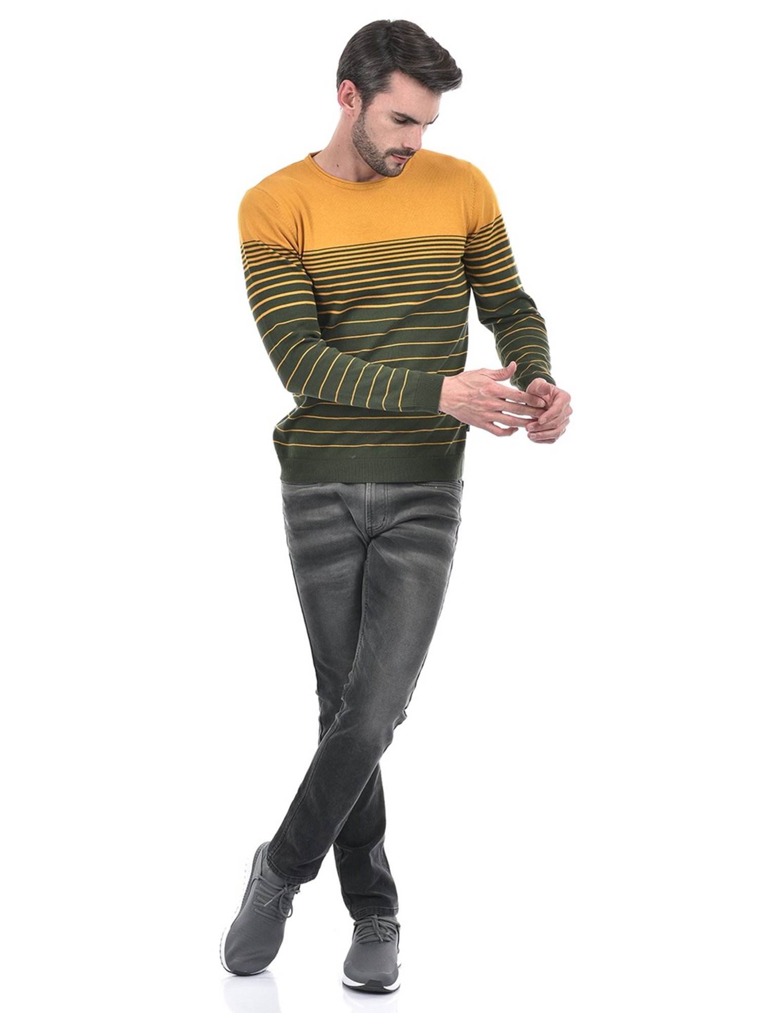 Integriti Mustard & Olive Regular Fit Striped Cotton Sweater