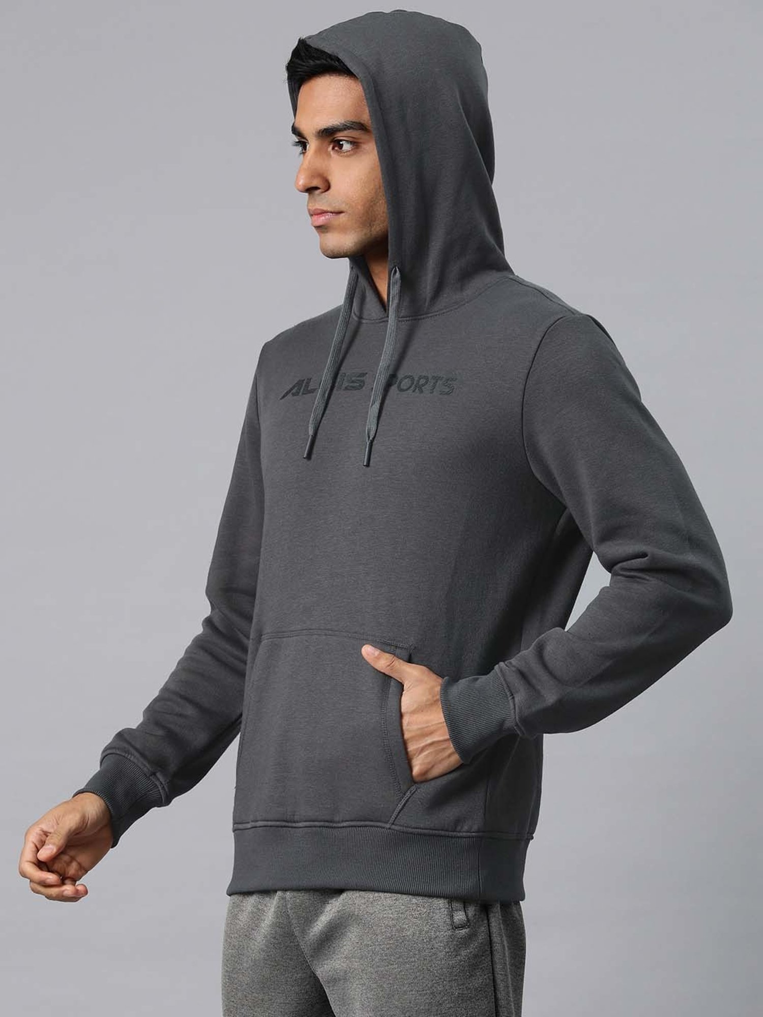 ALCIS Dark Grey Regular Fit Printed Hooded Sweatshirt