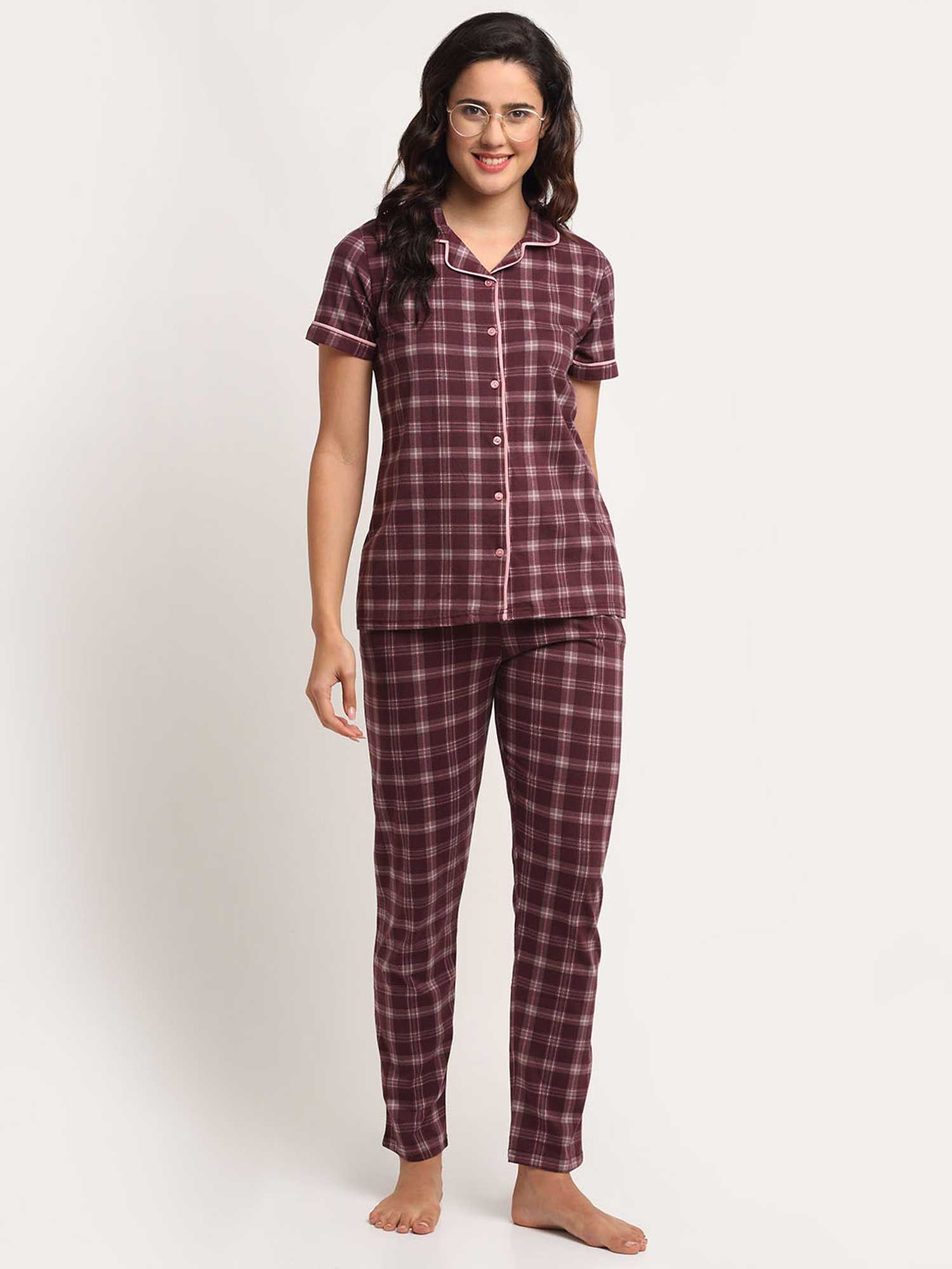 Kanvin Maroon Checks Shirt with Pyajmas