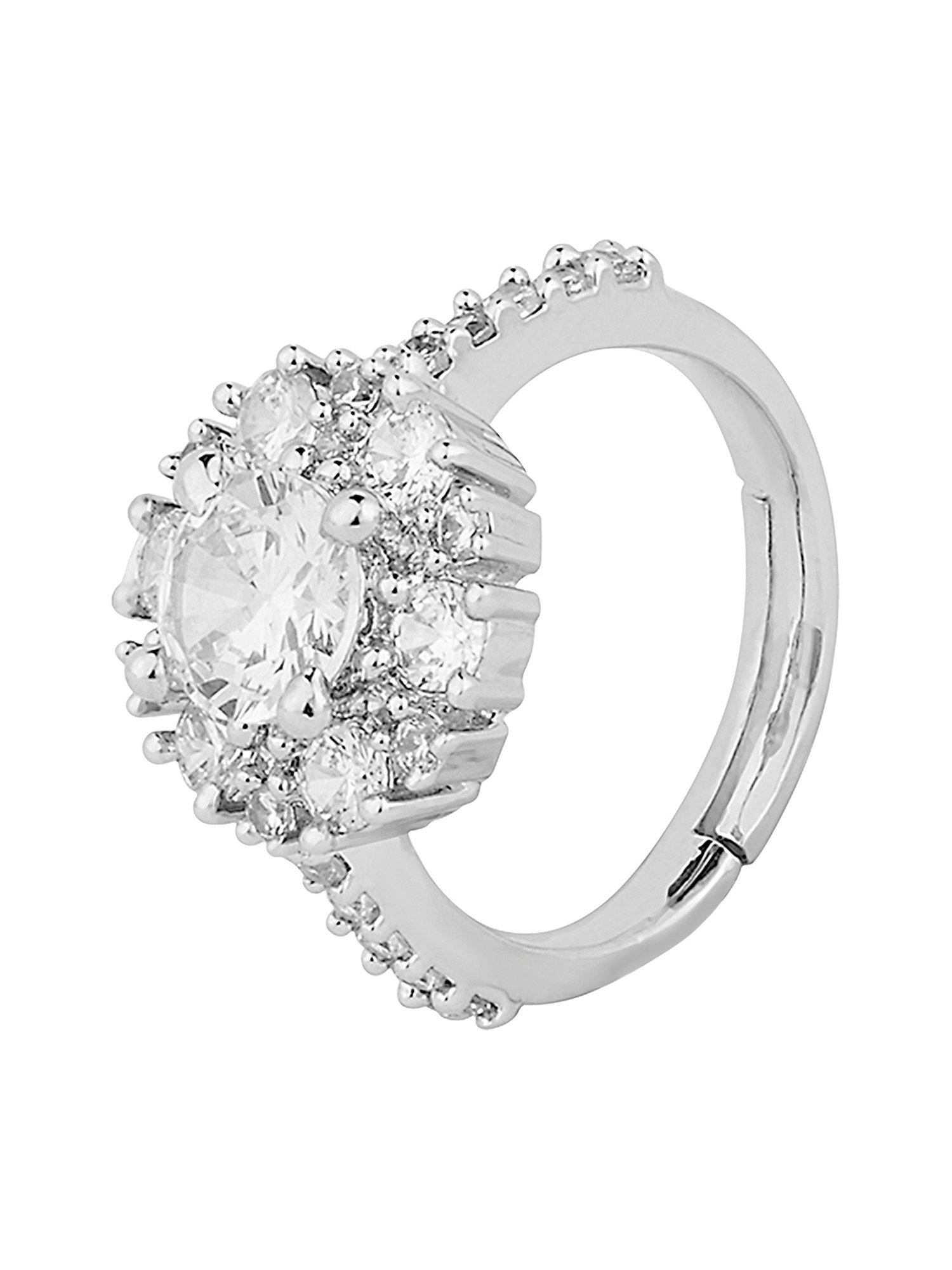 Lilly & Sparkle Brass Rhodium Plated Floral Adjustable Finger Ring with CZ Stone