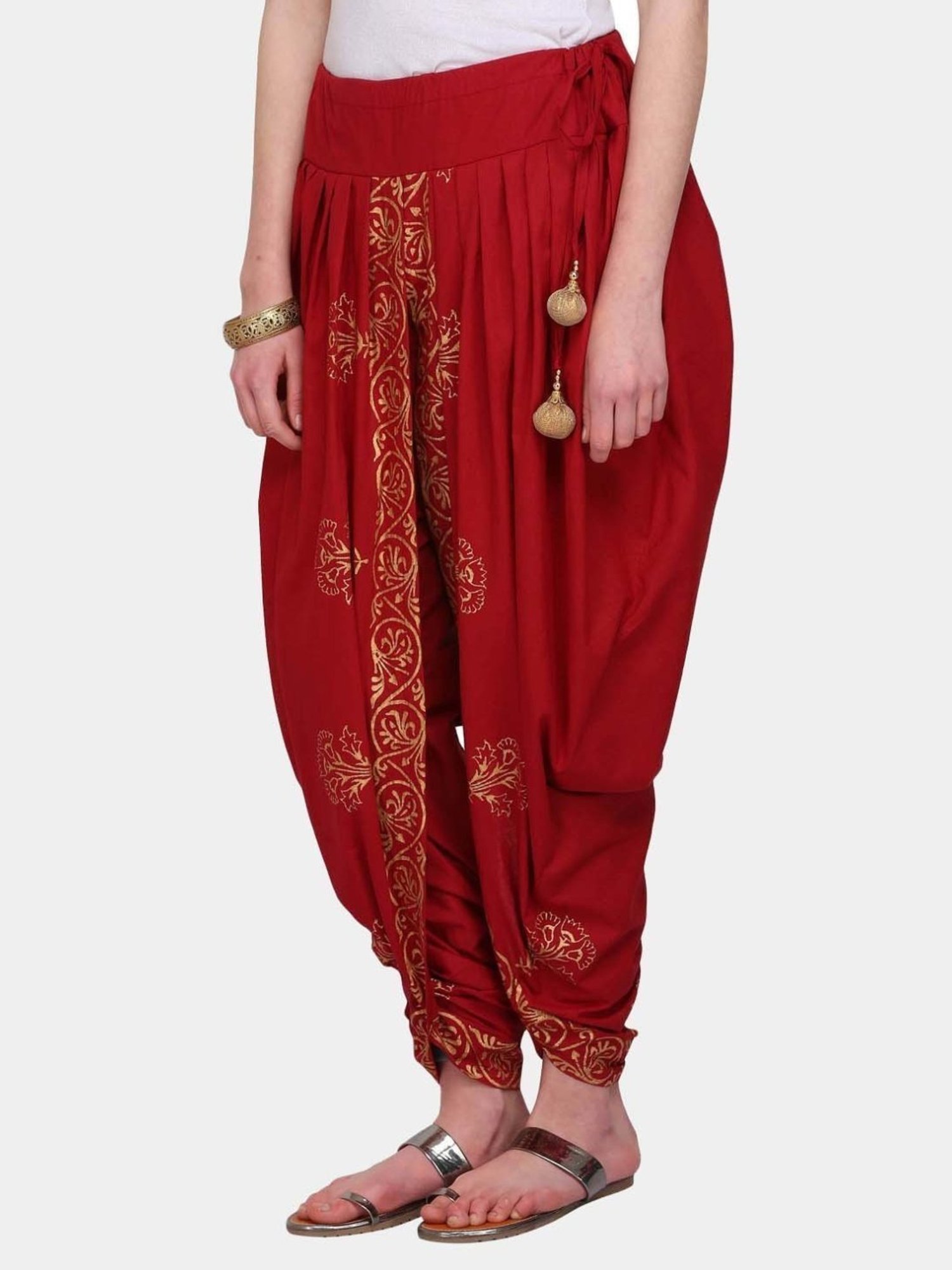 Kaanchie Nanggia Red Cotton Printed Dhoti Pants