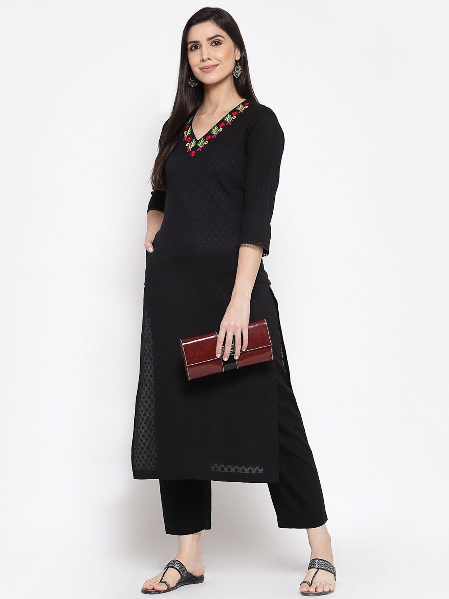 DART STUDIO Black Cotton Embroidered A Line Kurta