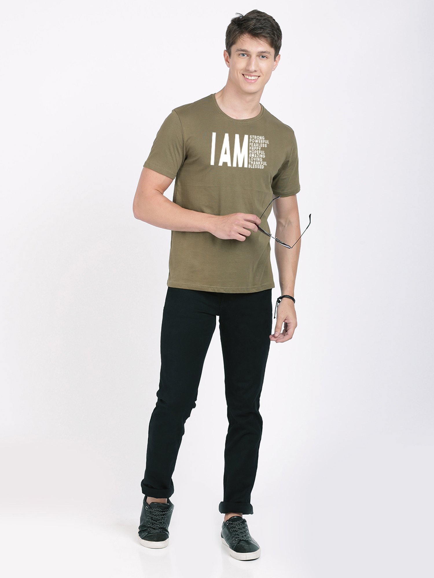 BLACK RADIO Olive Slim Fit Printed Cotton Crew T-Shirt