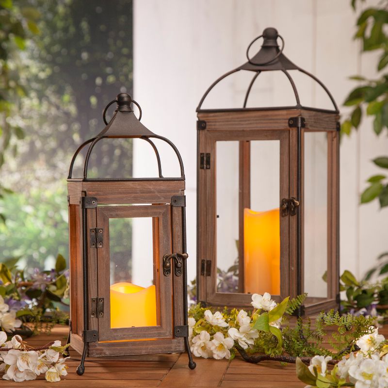 Everlasting Glow 17.7-Inch Tall Wooden Lantern with Steepled Metal Top, Balled Feet, LED Candle and Timer Feature