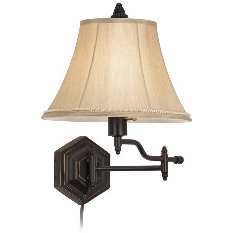 Barnes and Ivy Country Swing Arm Wall Lamp Hexagon Bronze Plug-In Light Fixture Gold Bell Shade for Bedroom Living Room Reading