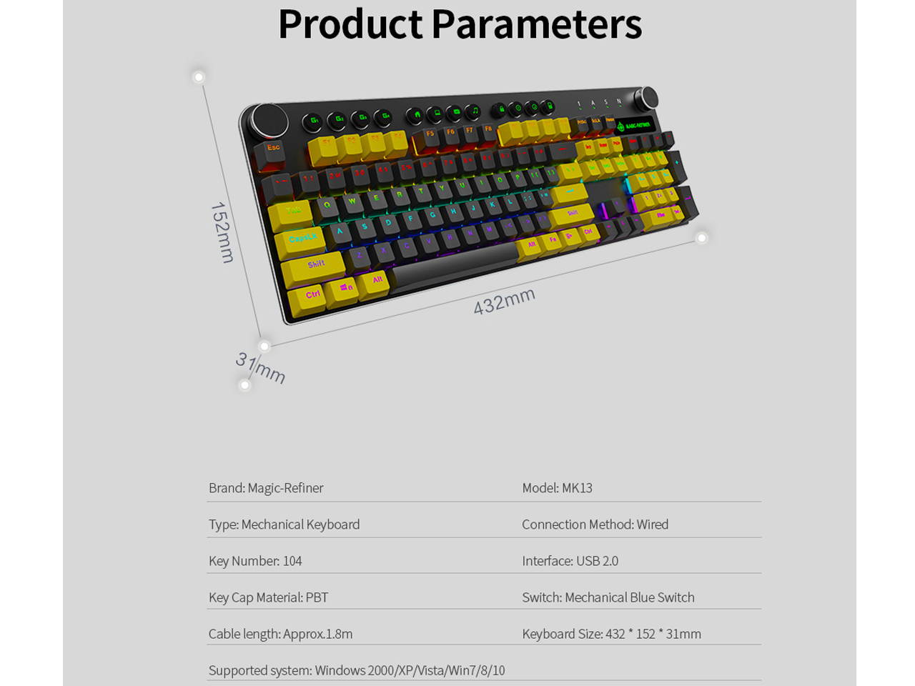 MK13 USB Gaming Keyboard Wired RGB Gaming Mechanical Keyboard Blue Switch 104 Keys Non-conflict Mixed LED Backlight PBT Keycap for Computer/PC/Laptop/Macbook