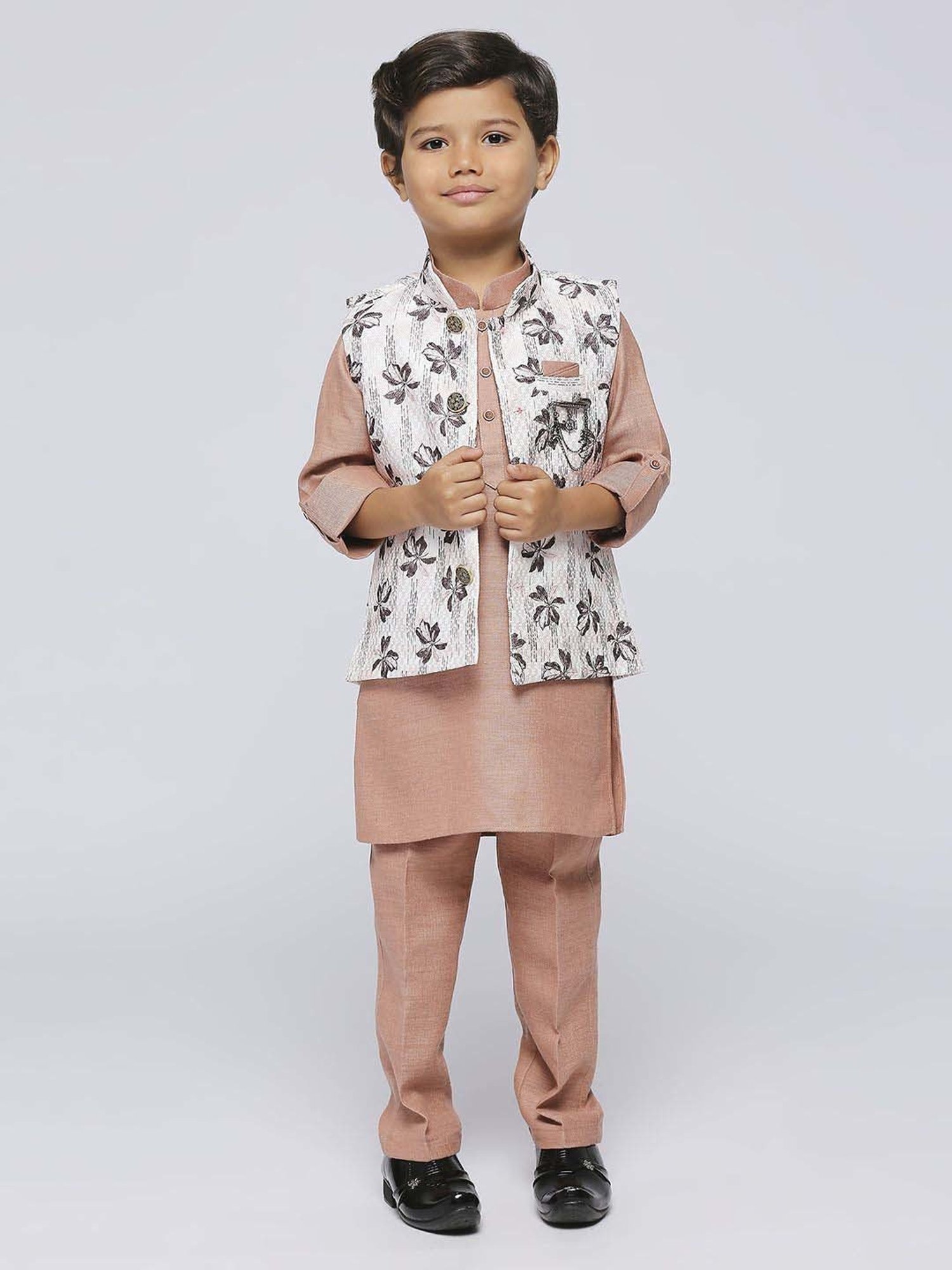 Kids Island Boys Brown Jacquard Full Sleeves Kurta Set