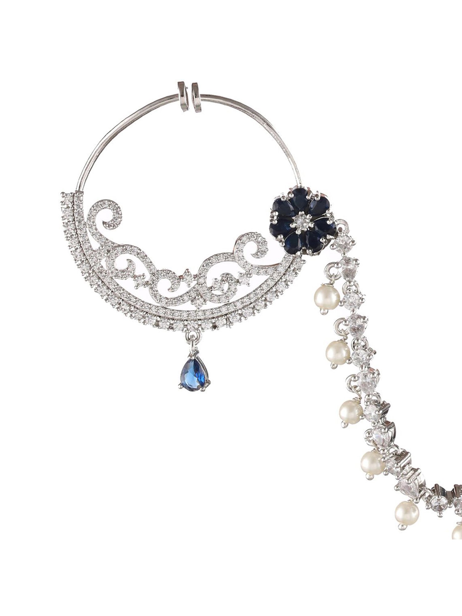 Aatmana Floral American Diamond Handcrafted Blue Nose Ring with Pearl Drop Chain for Women