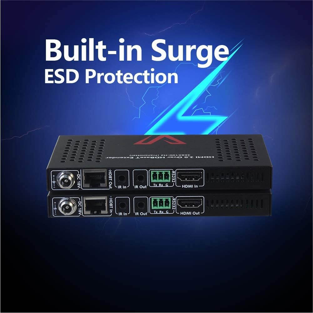 AV Access Professional HDBaseT 4k@60Hz HDMI 2.0 Extender Up to 100M, 18Gbps Zero Latency Over Cat 5e/6a/7, HDR10 & 3D, Auto EDID Management, HDCP 2.2, One-Way PoE, Bi-Directional IR + RS232 + CEC