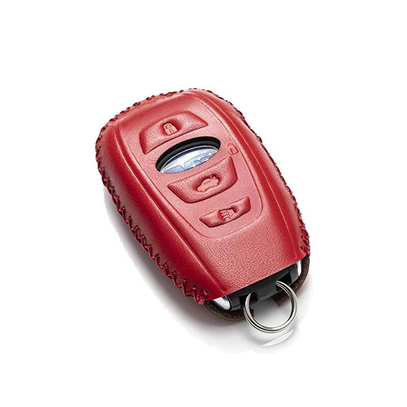 Subaru Leather Keyless Entry Remote Control Smart Key Case Cover with a Key Chain for 2019 Subaru Forester Impreza Outback WRX BRZ XV Crosstrek 4Button Red