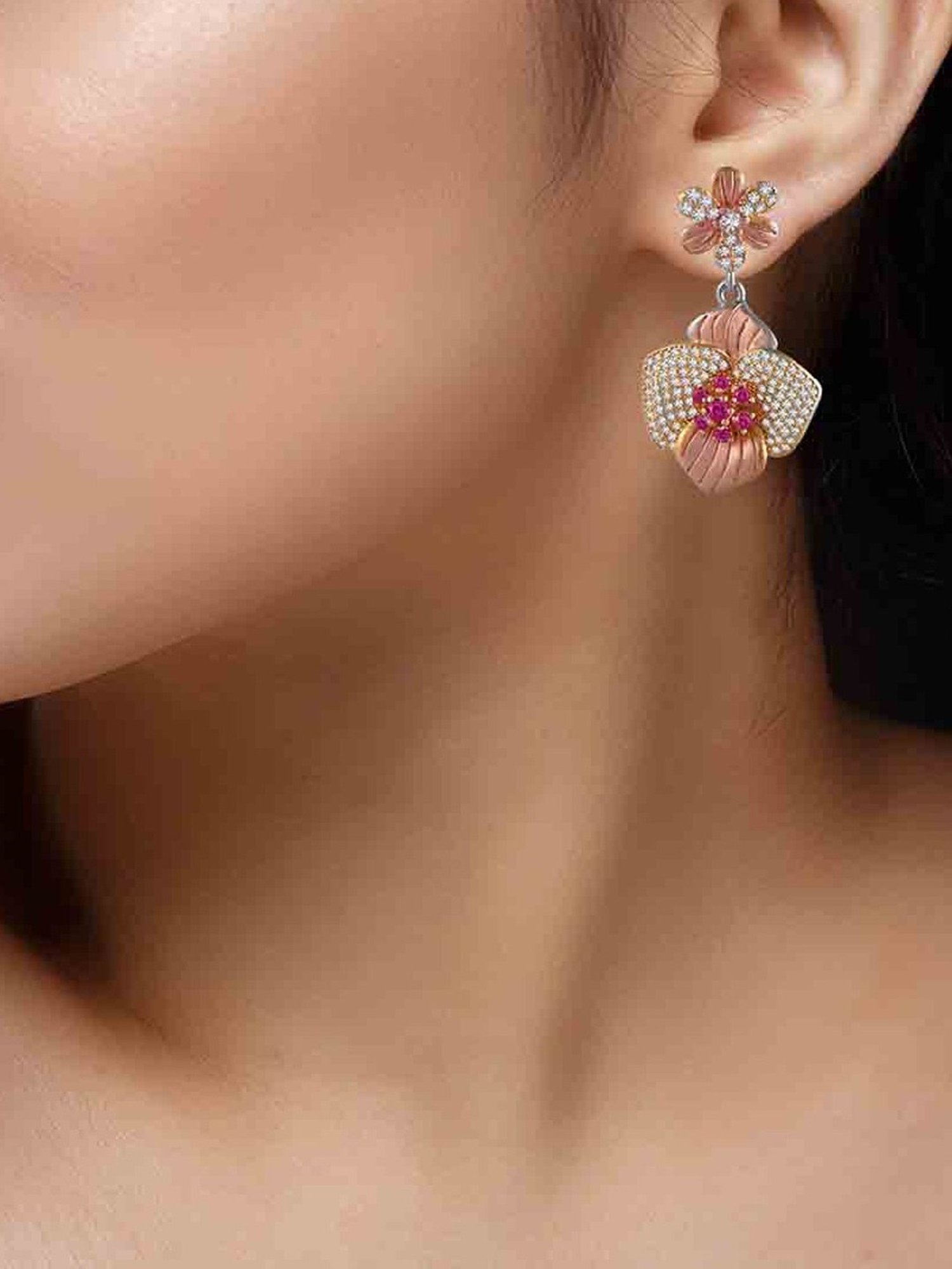 Rihi by P.C. Chandra Jewellers Petal With Pink Stone Flower Pendant And Earring Set (Without Chain)