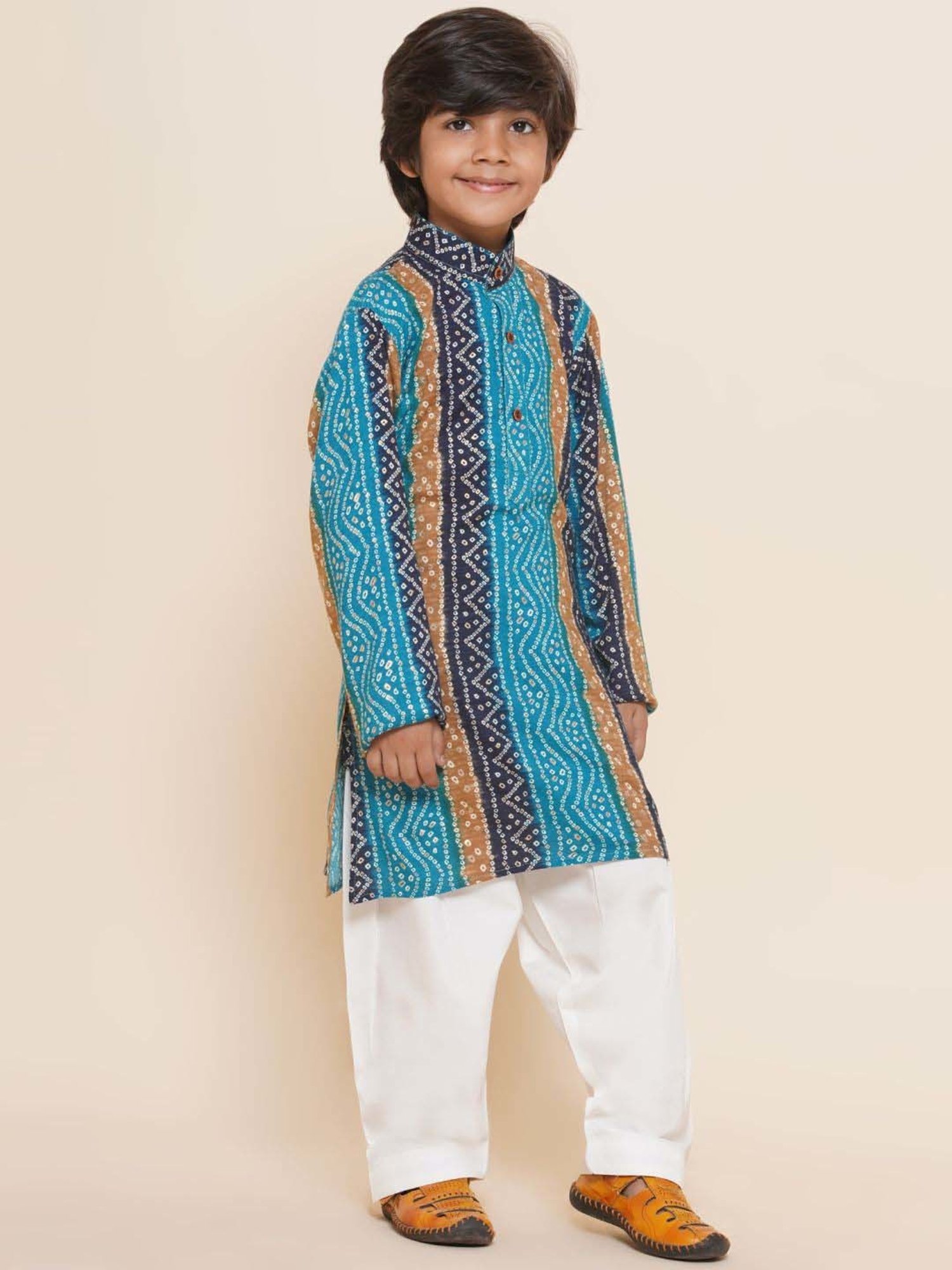 AJ Dezines Kids Blue & White Cotton Printed Full Sleeves Kurta Set