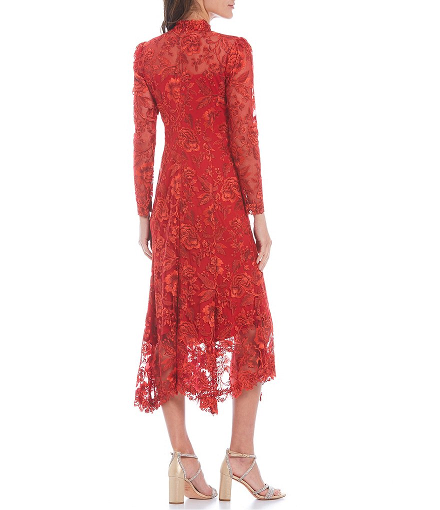 Tadashi Shoji Long Sleeve Mock Neck Handkerchief Hem Lace Dress