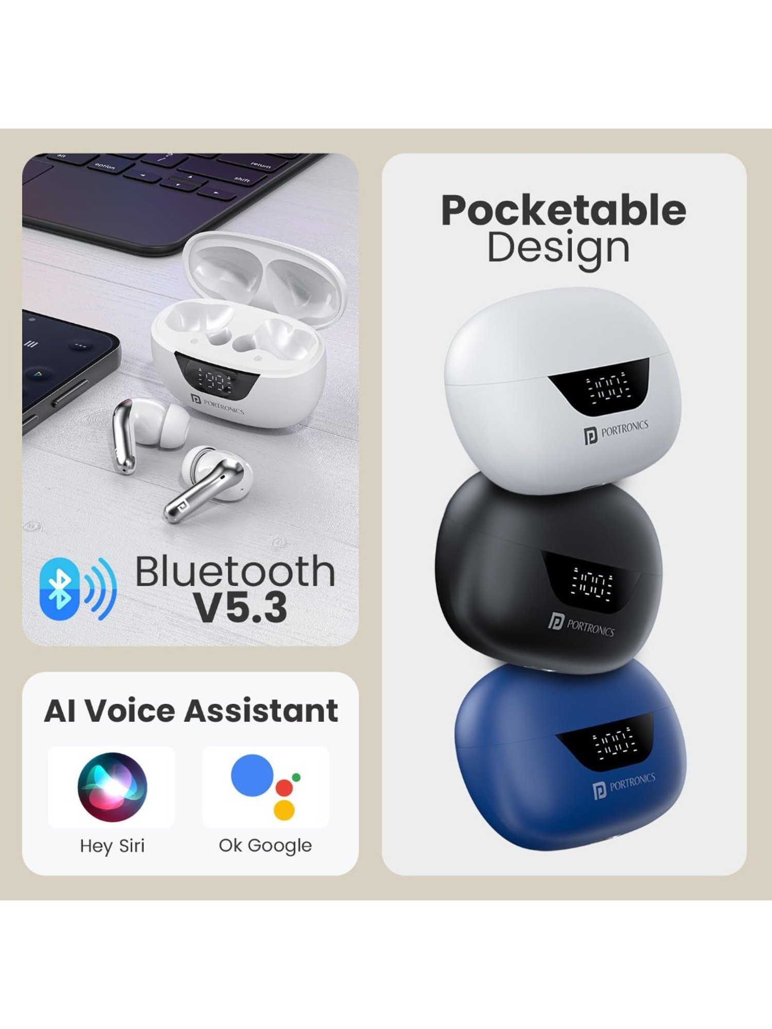 Portronics Harmonics Twins 28 in Ear Earbuds with ANC & 50Hrs Playback (White, True Wireless)