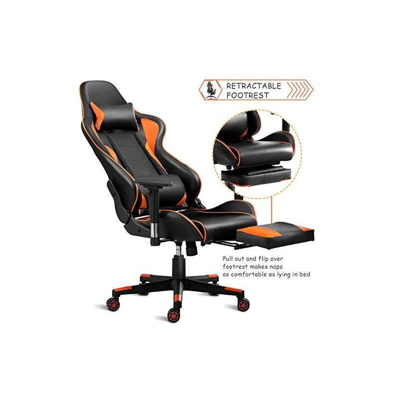 Computer Gaming Chair, Adjustable Massage Gaming Chair w/Footrest and Adjustable Armrests, Ergonomic High Back Racing Chair, Executive Swivel Desk Office Chair with Massage Lumbar (Orange)