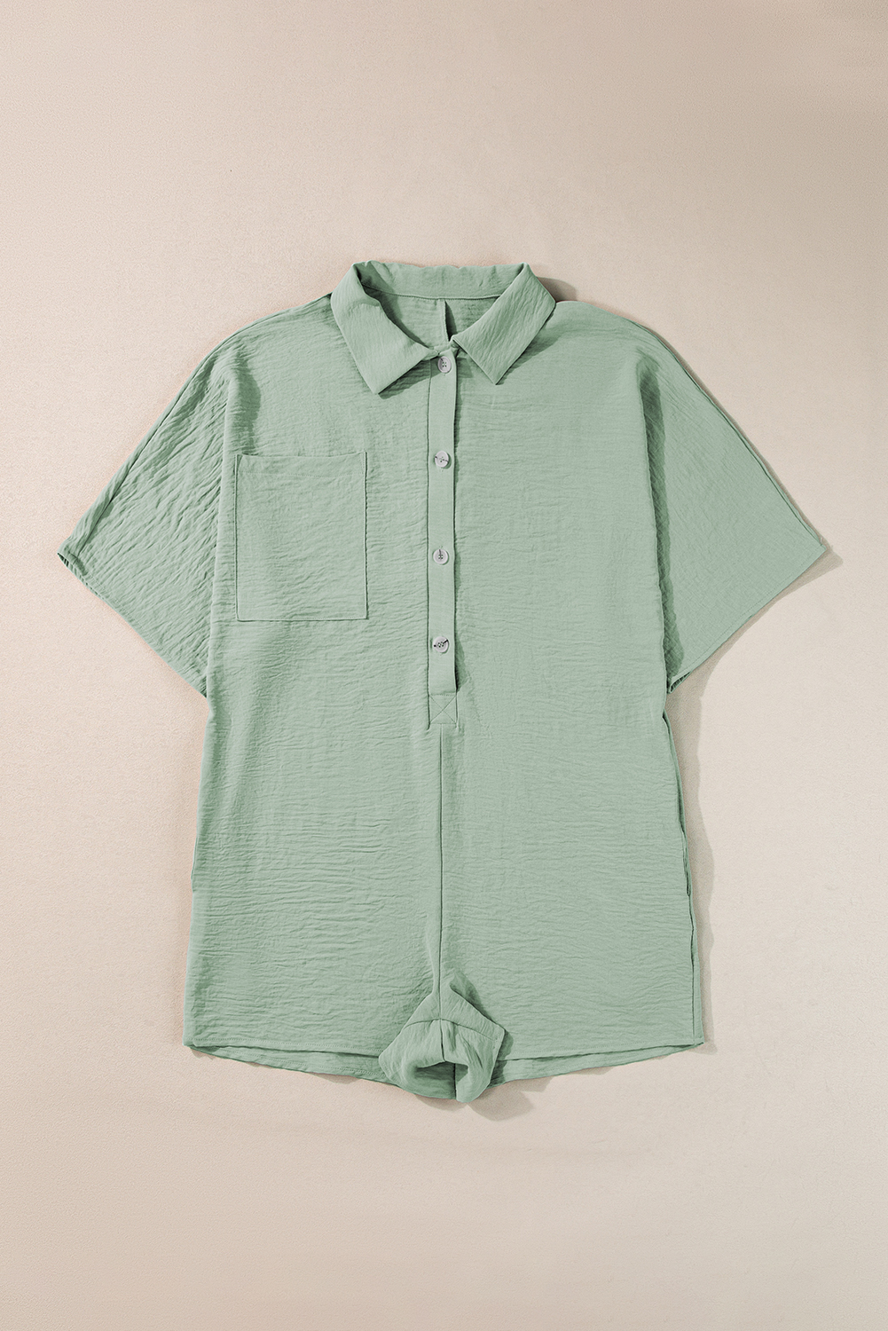 Spinach Green Plain Half Button Collared Pocket Loose Romper