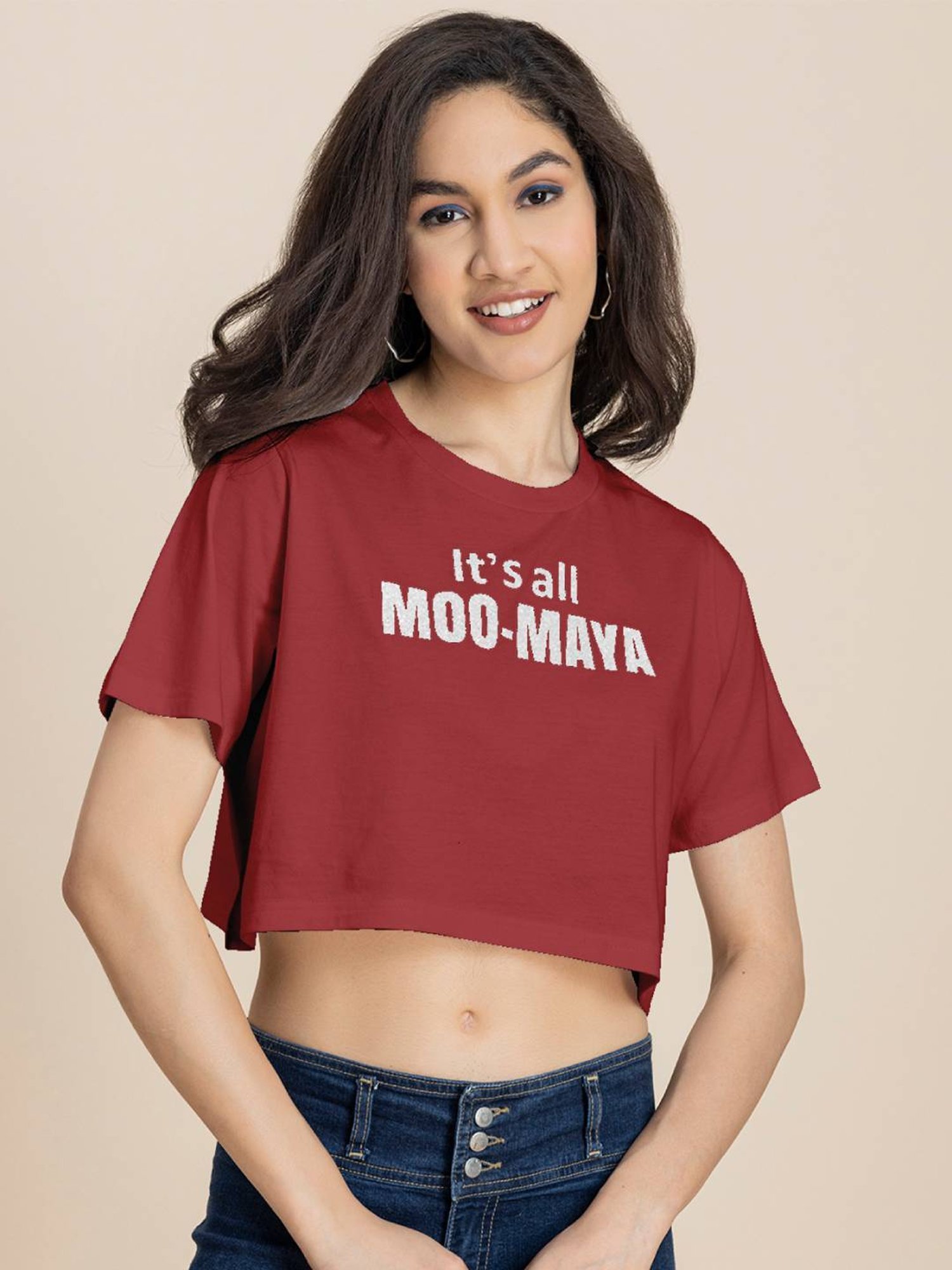 Moomaya Red Graphic Print Crop T-Shirt
