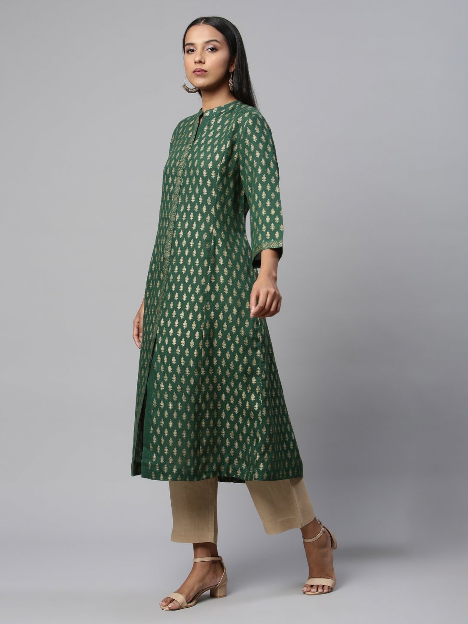 Linen Club Woman Green Linen Printed A Line Kurta