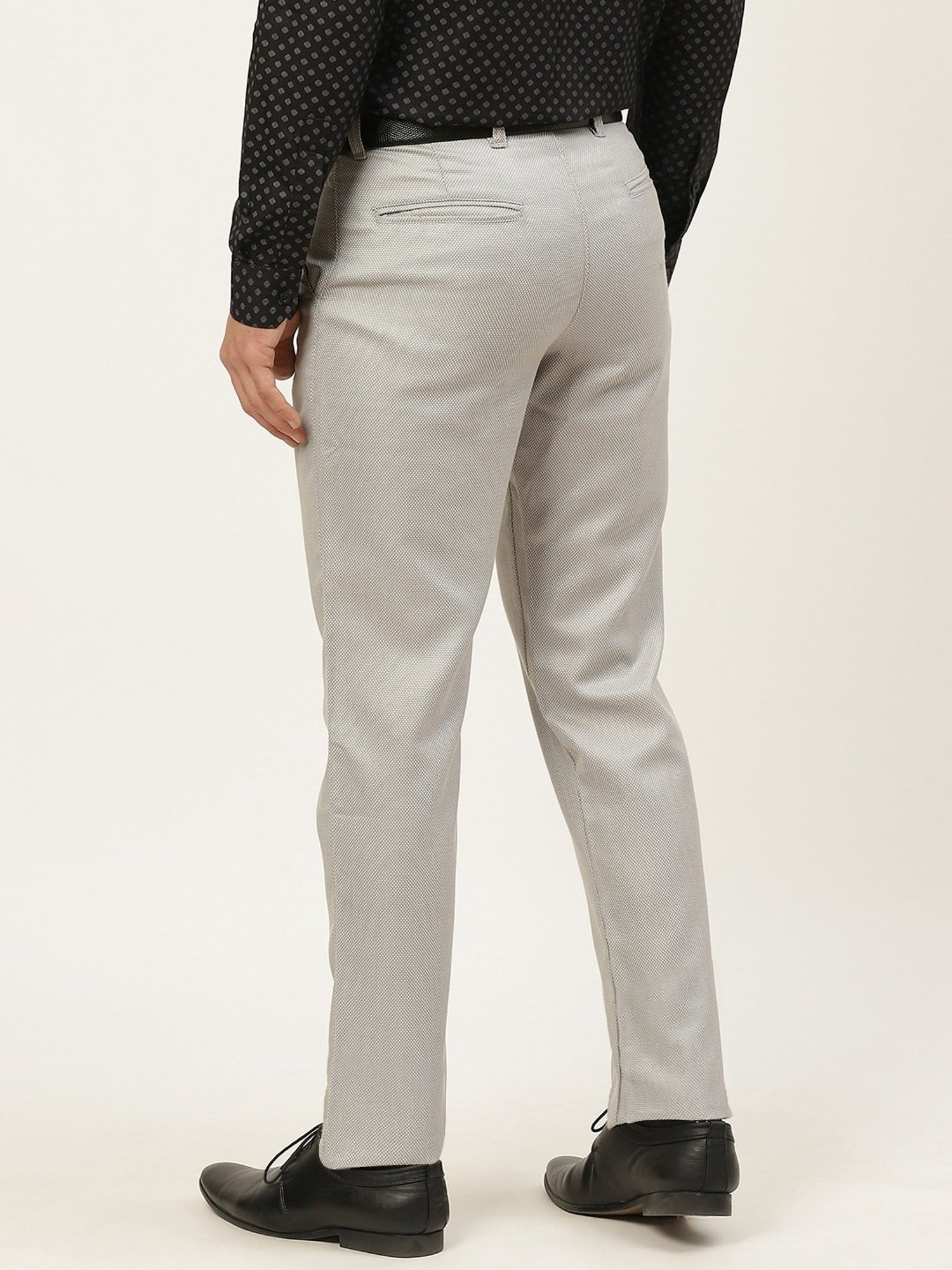 Sojanya Grey Cotton Regular Slim Fit Self Pattern Flat Front Trousers