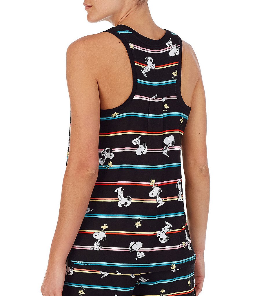 Peanuts Striped Print Snoopy Toss & Woodstock Screen Print Jersey Knit Coordinating Sleep Tank