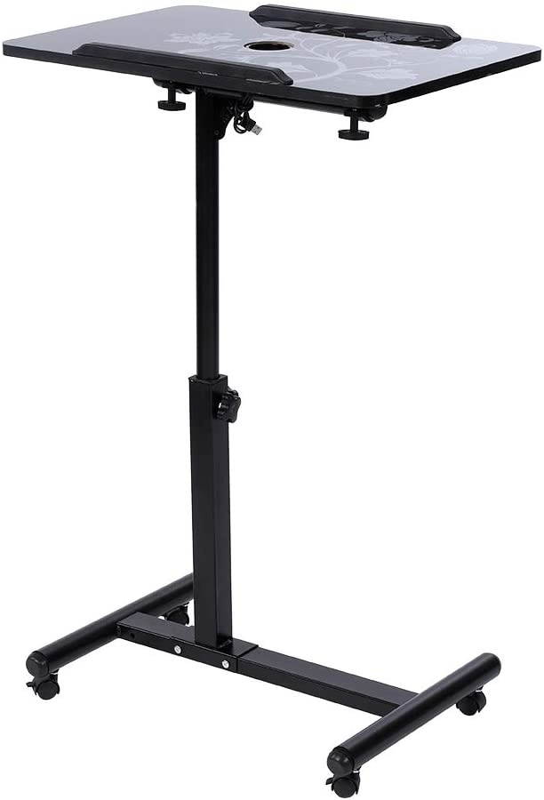 Overbed Bedside Desk Mobile Rolling Laptop Stand Tilting Overbed Table with Wheels Height Adjustable Tray Table for Laptop Bed Sofa Side Table (Black)