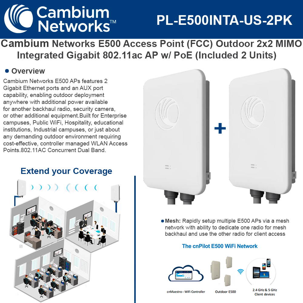 Cambium Networks cnPilot e500 2 Units Outdoor Omni 2x2 MIMO Integrated 802.11ac Wi-Fi Systems Access Point with PoE Injector - PL-E500INTA-US **US Version**