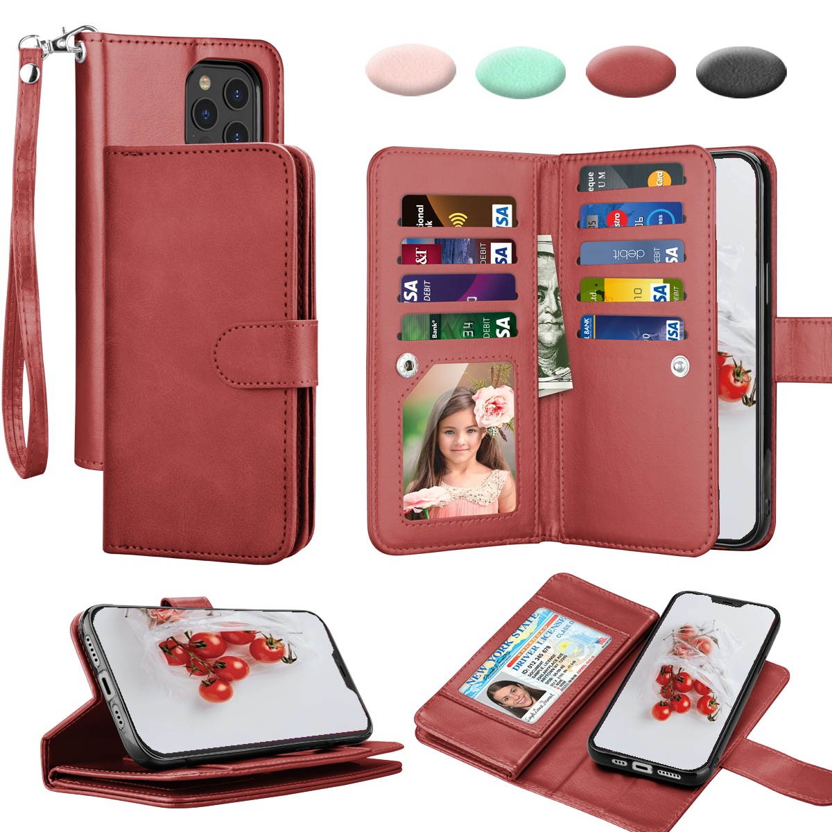 iPhone 12 Case, 6.1" Apple iPhone 12 Pro Wallet Case, Tekcoo PU Leather Case Cash ID Credit Card Slots Holder Carrying Flip Phone Case Cover Kickstand Detachable Magnetic Hard Cases & Strap,Rose Gold