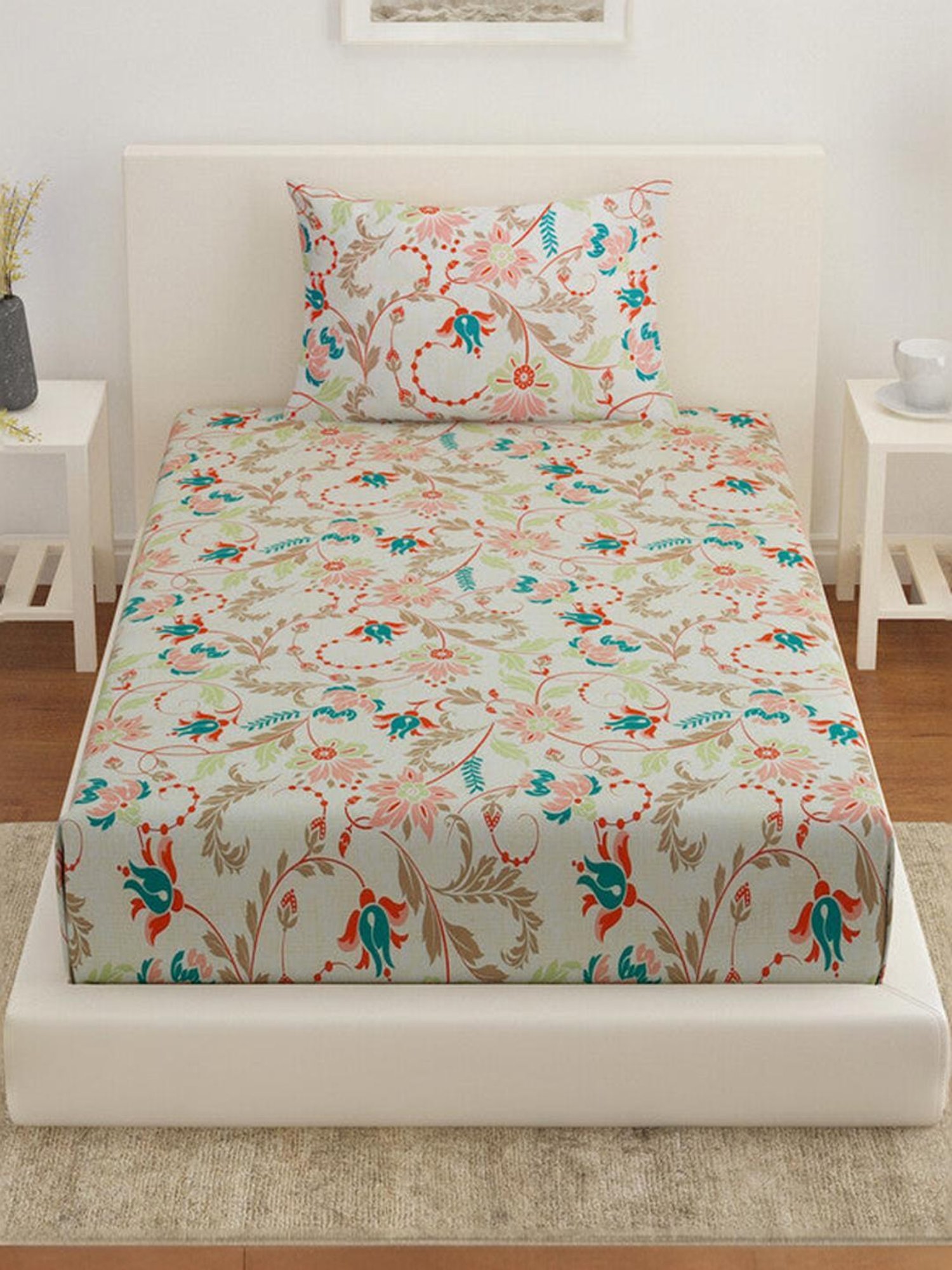 @Home Arias Multicolor 225 TC Cotton Satin Single Bedsheet with 1 Pillow Cover