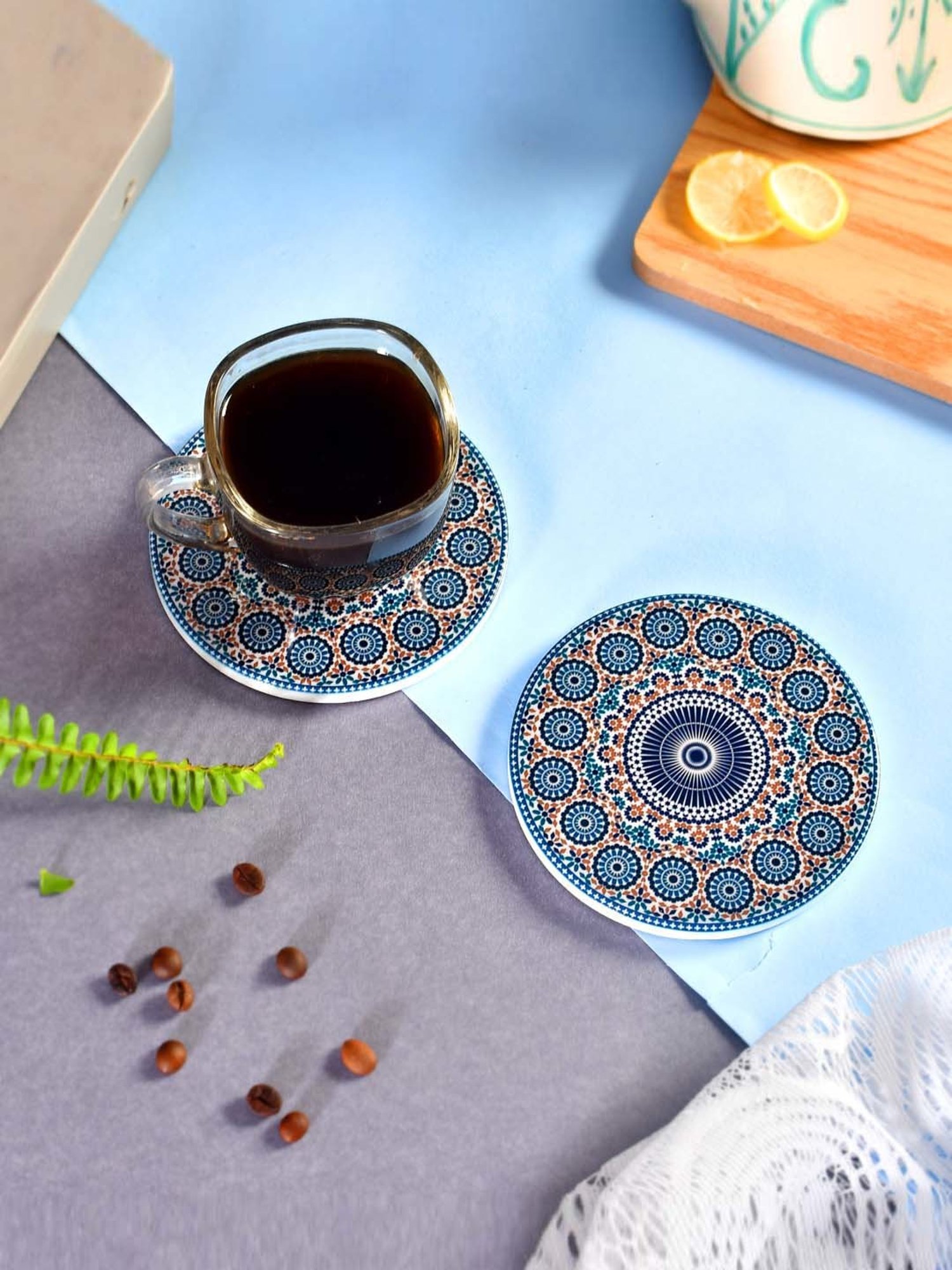TAYHAA Blue Ceramic Exquisite Printed Coasters - Set of 2