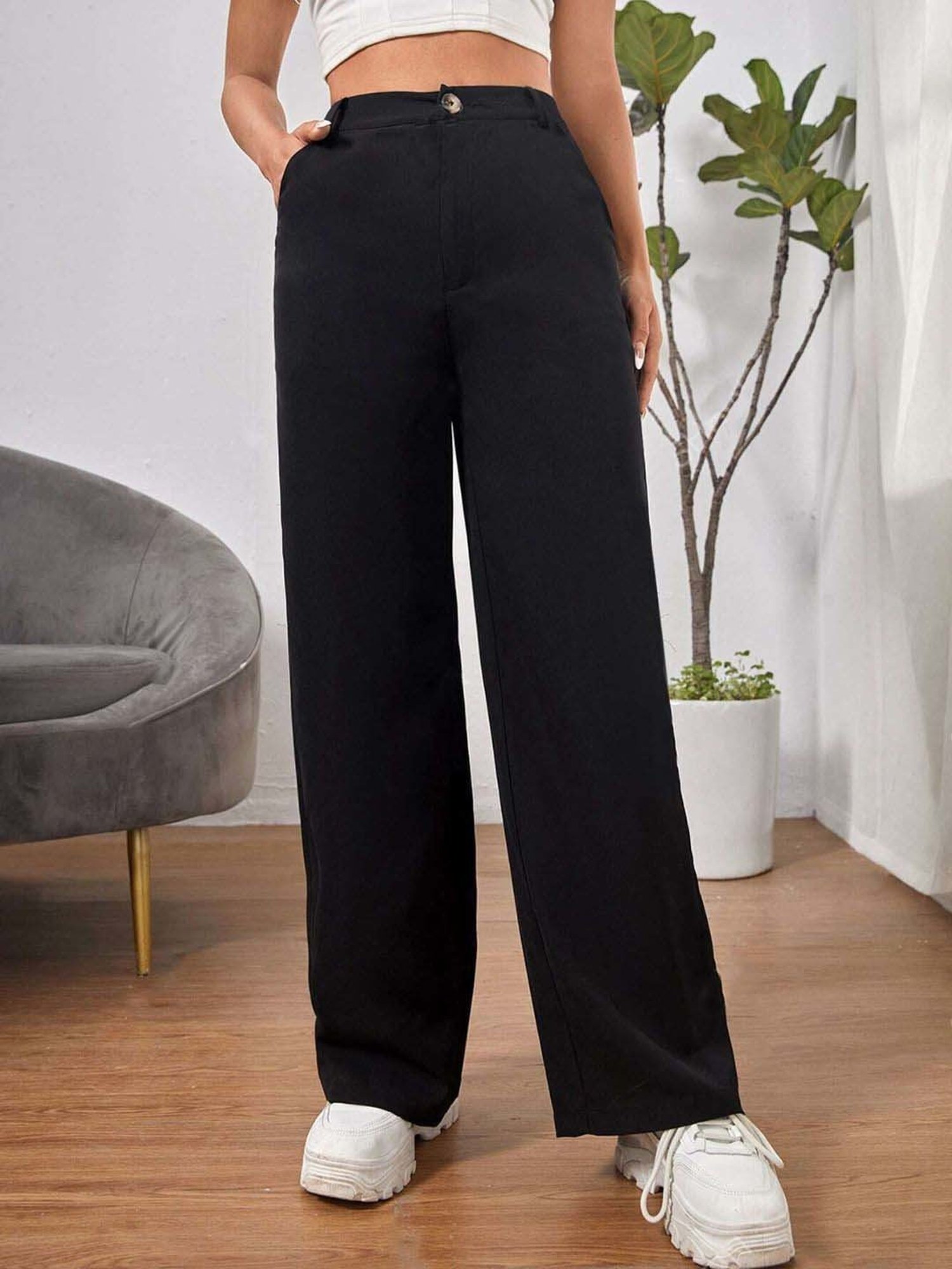 BUYNEWTREND Black High rise Formal Trousers