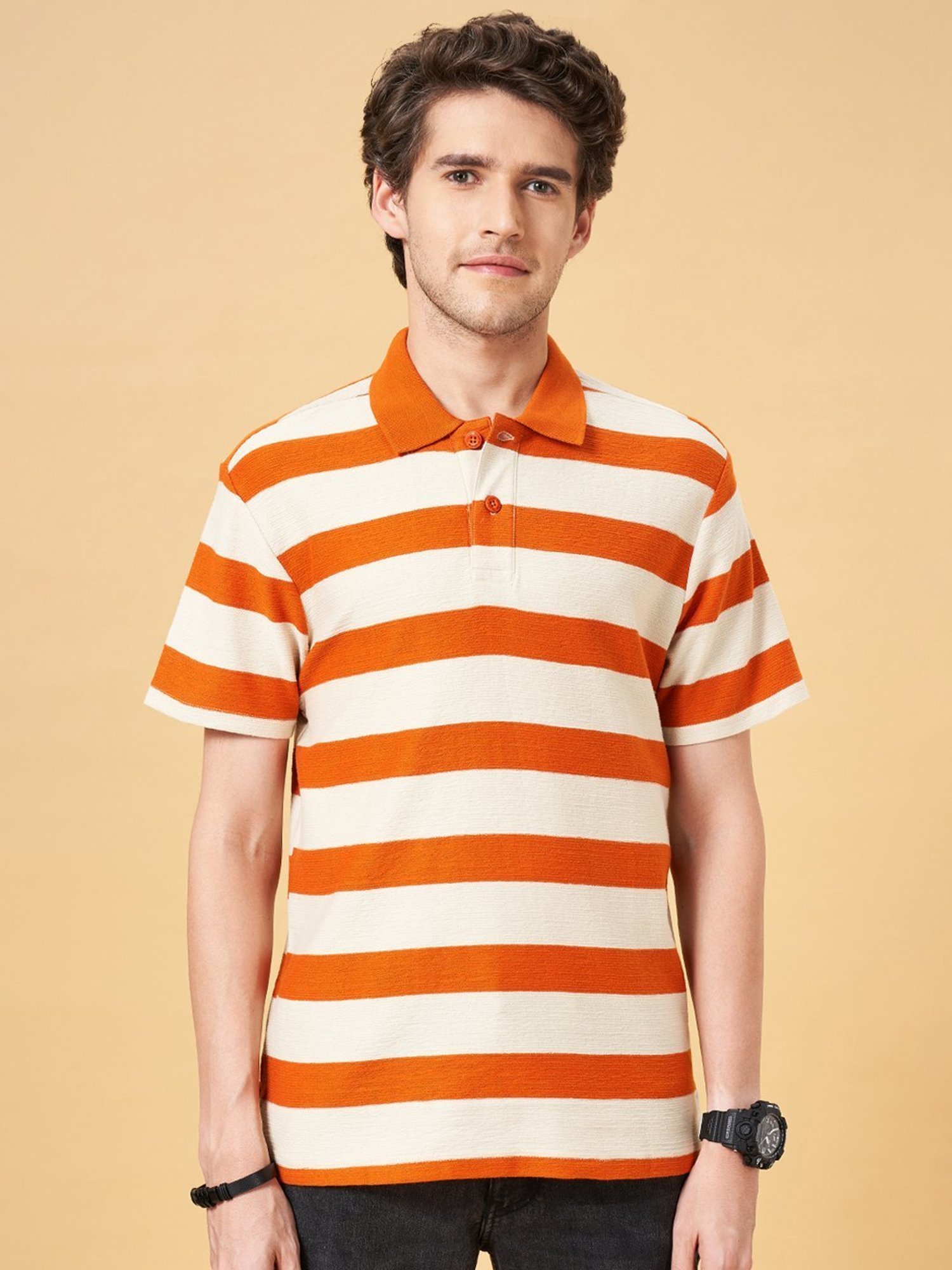 People by Pantaloons Golden Ochre Cotton Regular Fit Striped Polo T-Shirt