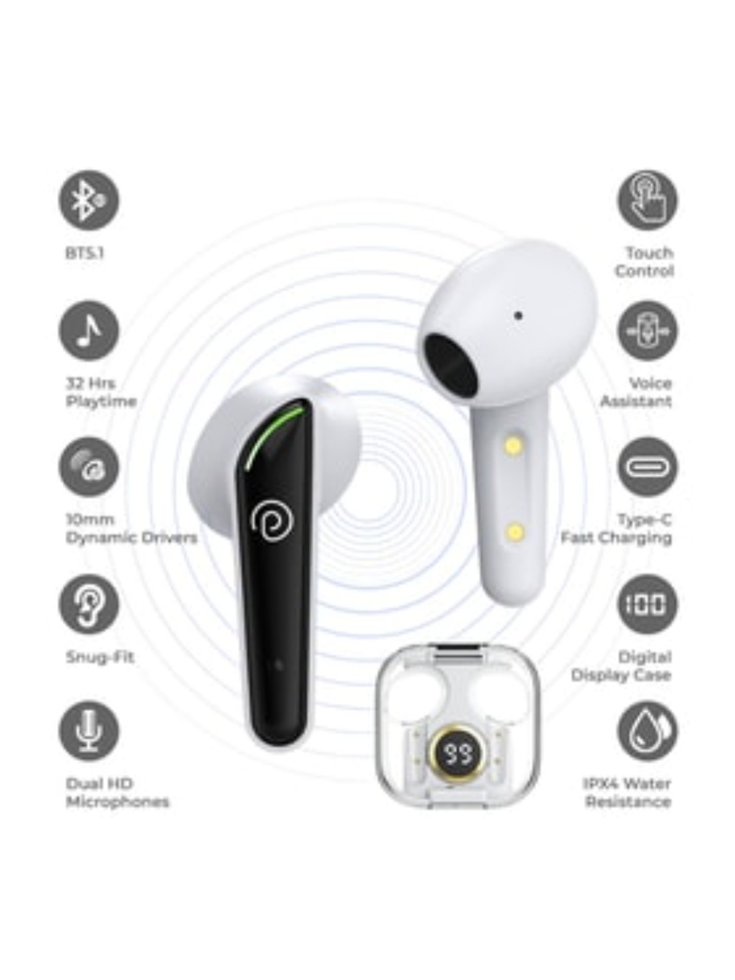 PTron Bassbuds Nyx in-Ear Wireless Earbuds with 50ms Movie Mode (White/Black, True Wireless)