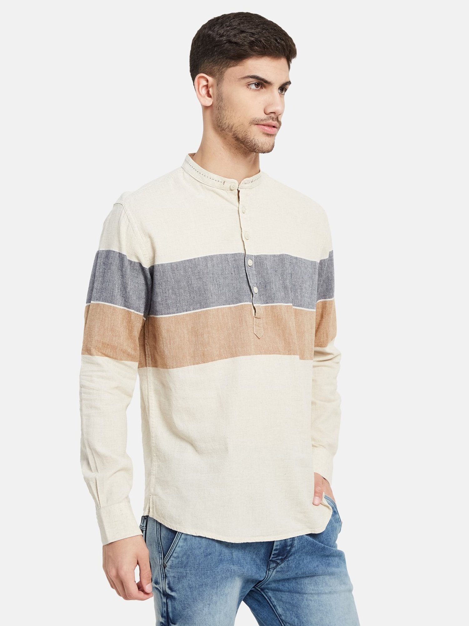 METTLE Natural Cotton Regular Fit Colour Block Shirt