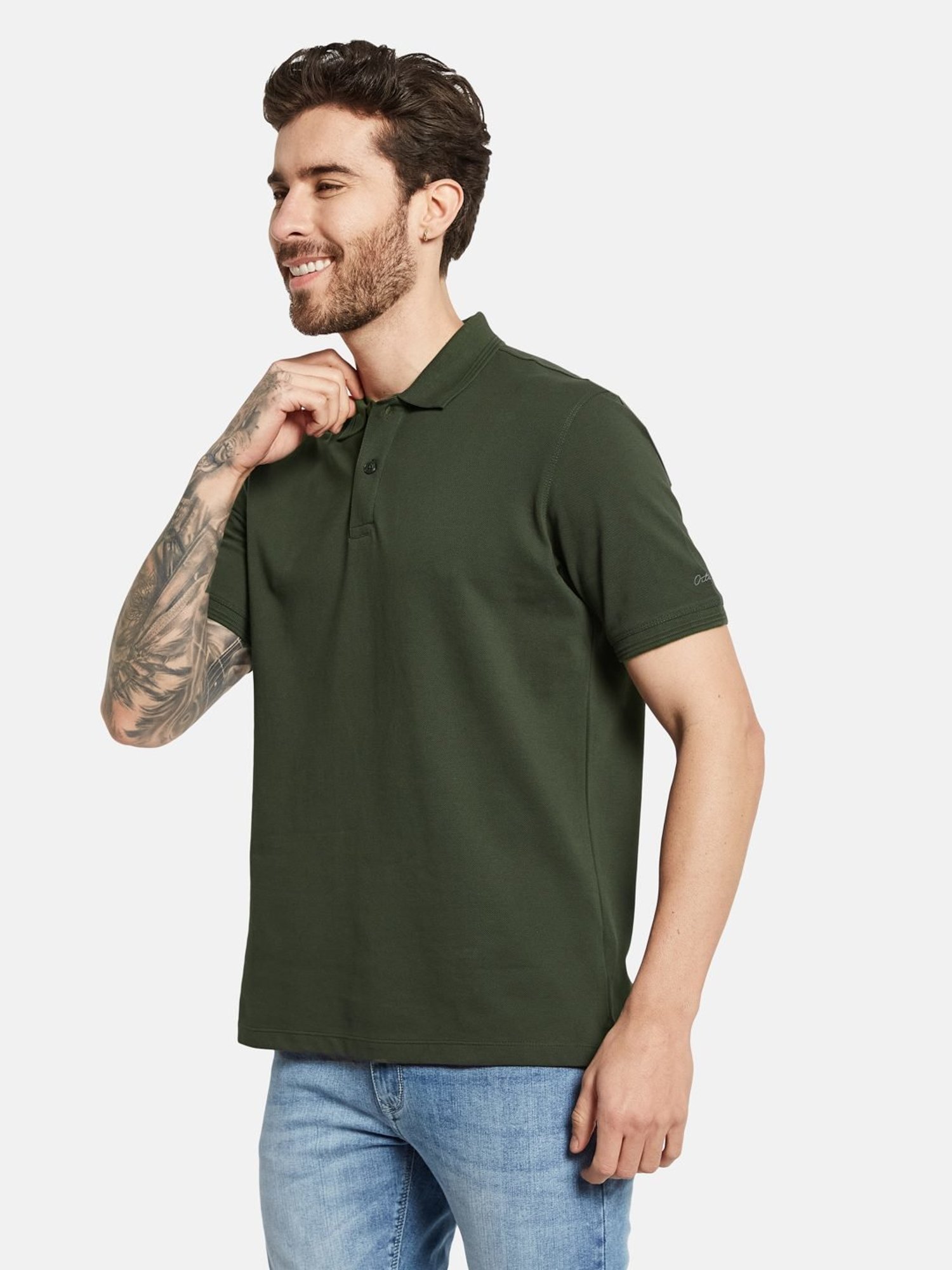 Octave Olive Cotton Regular Fit Polo T-Shirt
