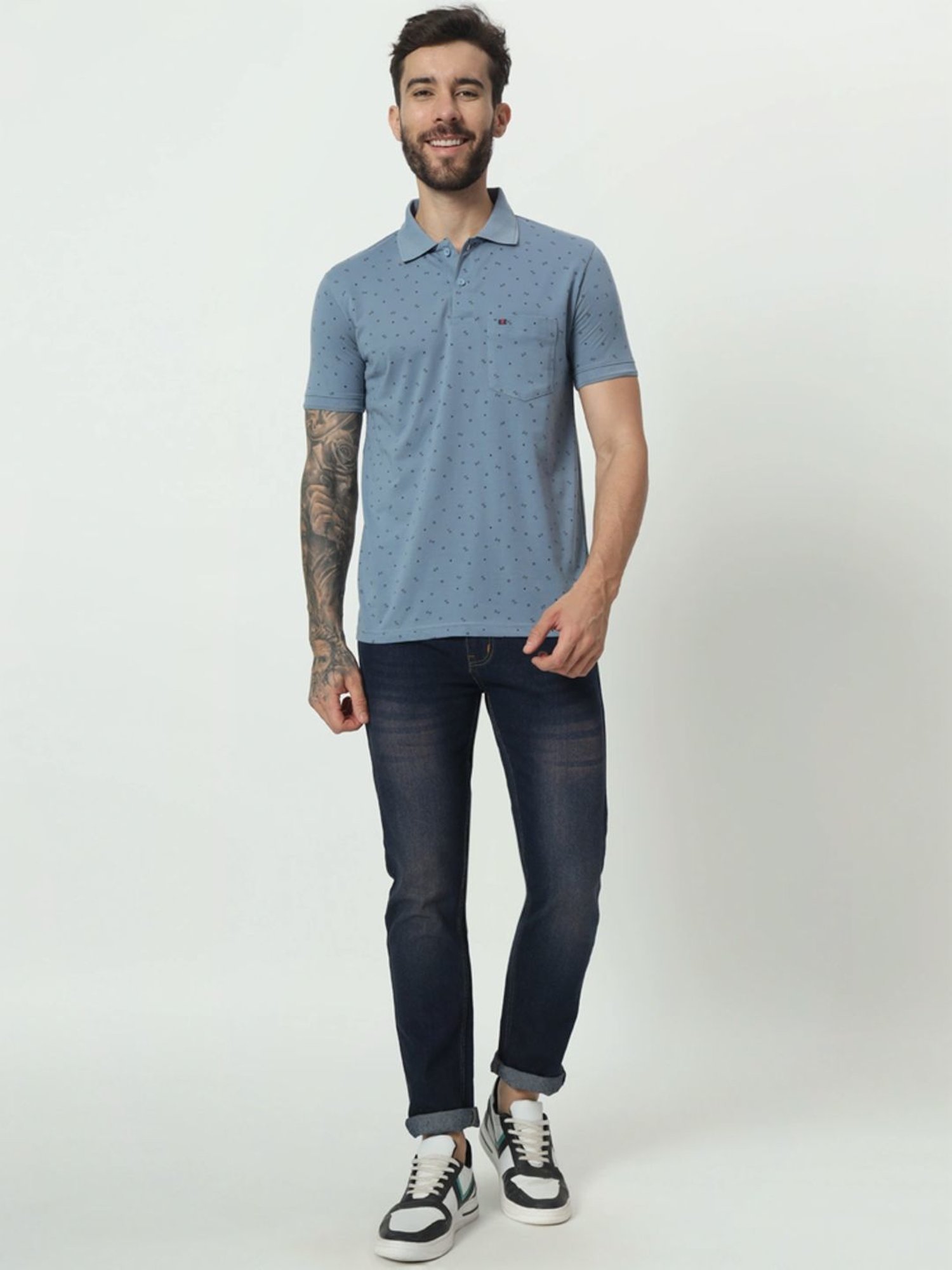 Tab91 Blue Regular Fit Printed Polo T-Shirts