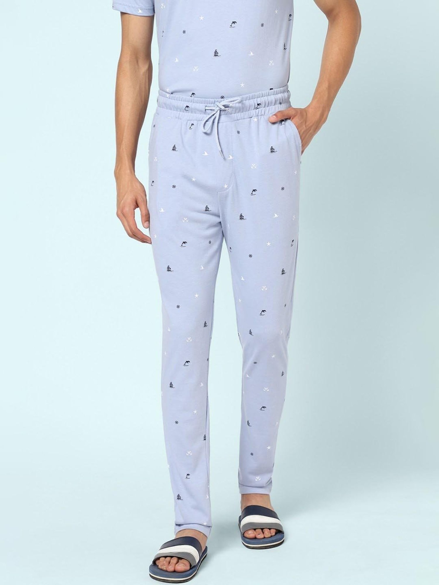 Ajile by Pantaloons Light Blue Cotton Slim Fit Printed Lounge Pants