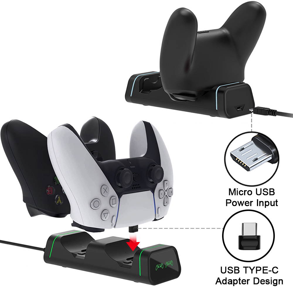 Dualsense Charging Station for Playstation 5, Megadream Dual Charging Dock Controller Charger Compatible with Xbox Series X/S, Xbox Elite 2, Google, Switch Pro, with 2 Type C Adapters & LED Indicator
