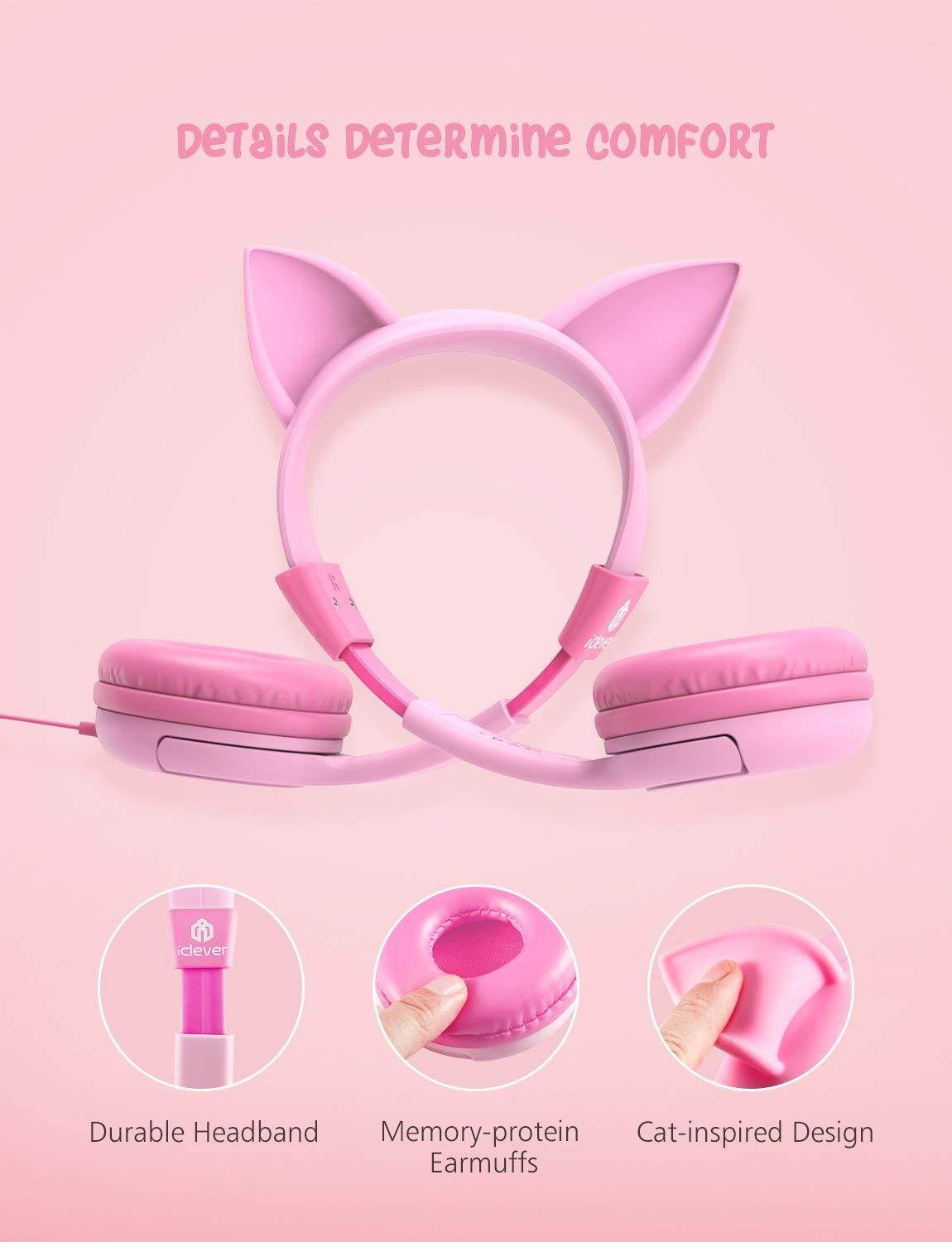 iClever Kids Headphones Girls - Cat-Inspired Wired On-Ear Headphones for Kids, 85dB Volume Limiting, Food Grade Silicone, Lightweight, 3.5mm Jack - Comfortable Children Headphones for Kids, Pink
